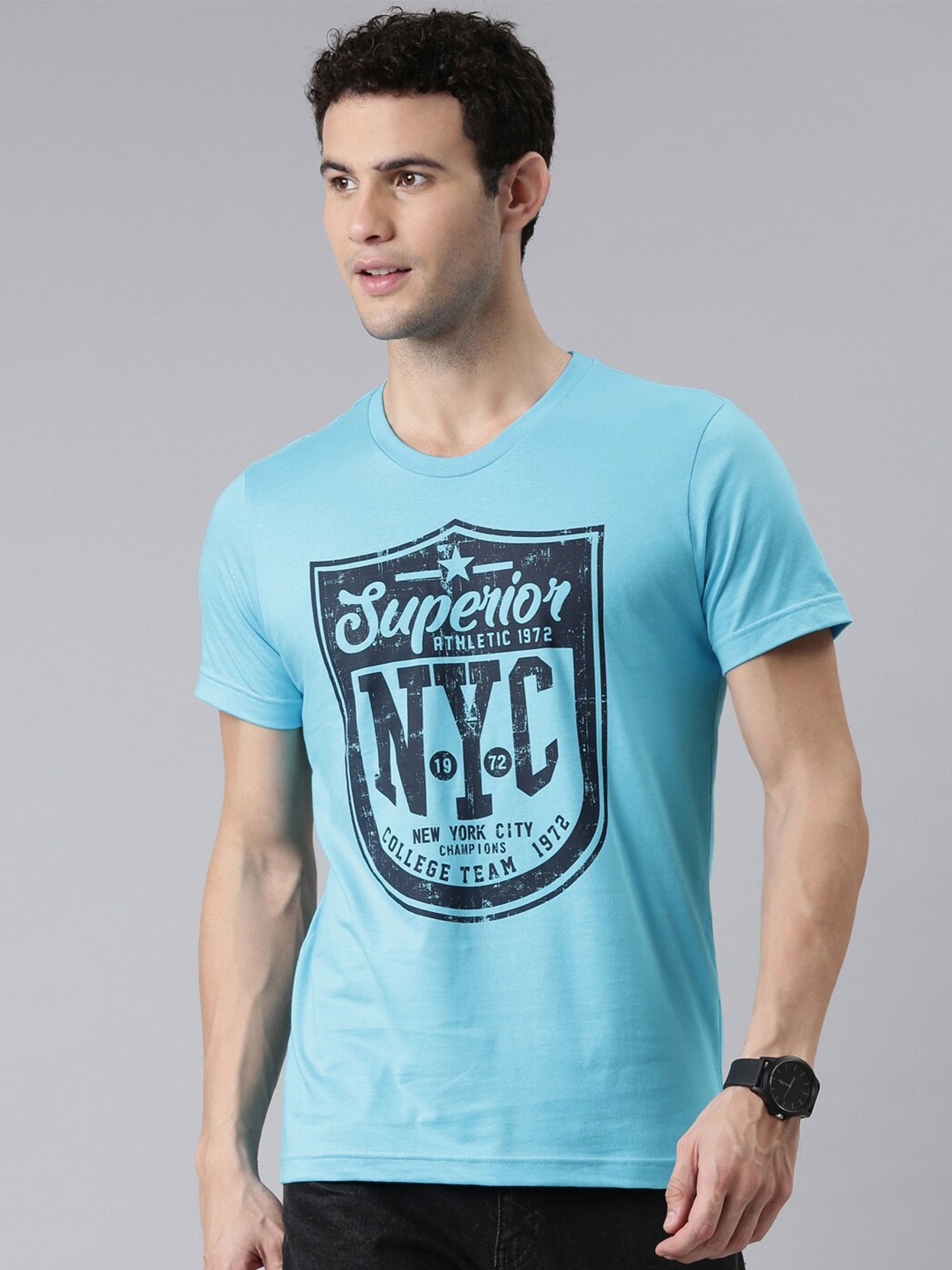 

FASO Men Turquoise Blue Typography Printed Organic Cotton T-shirt