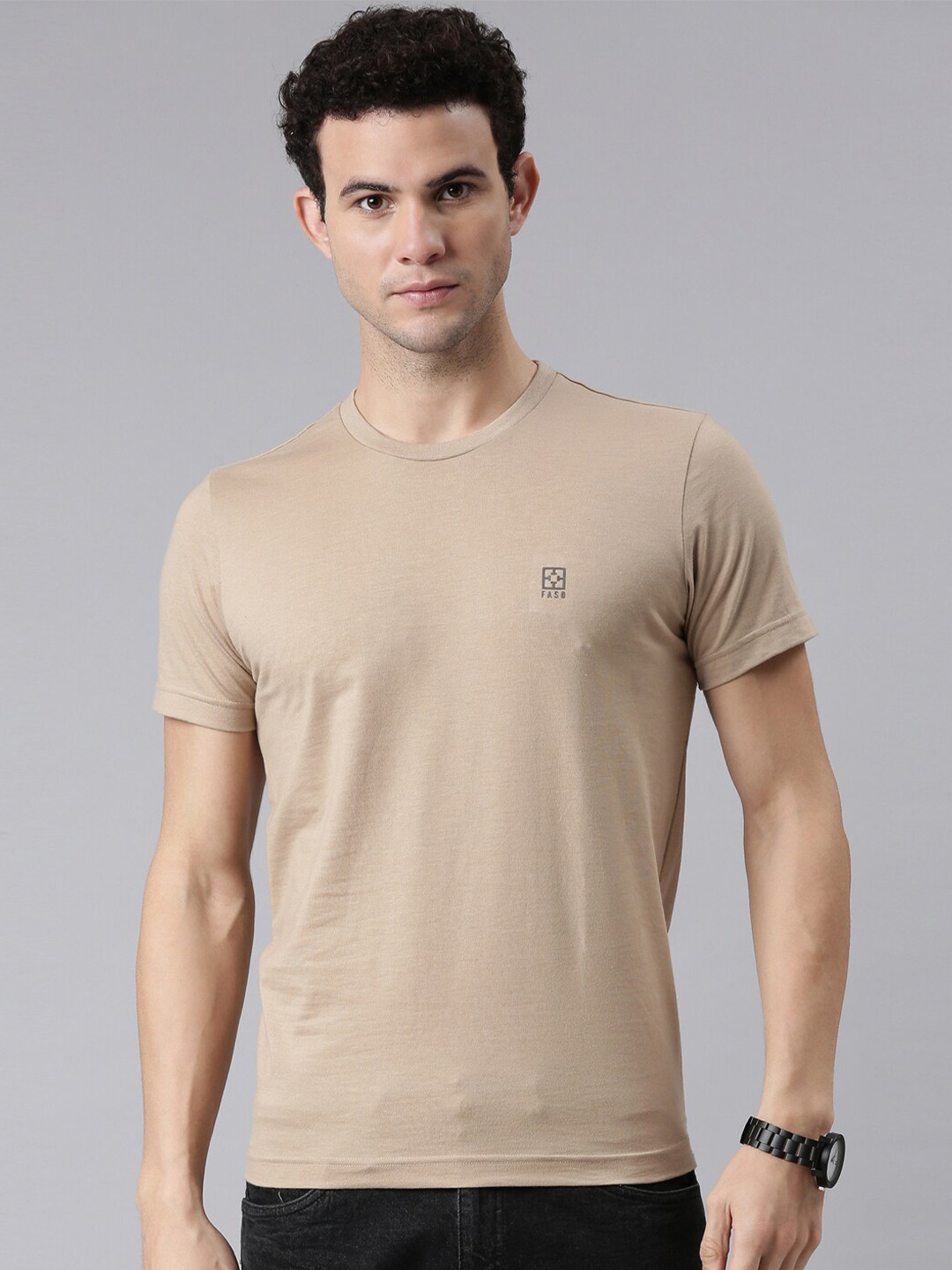 

FASO Men Beige Solid Organic Cotton T-shirt
