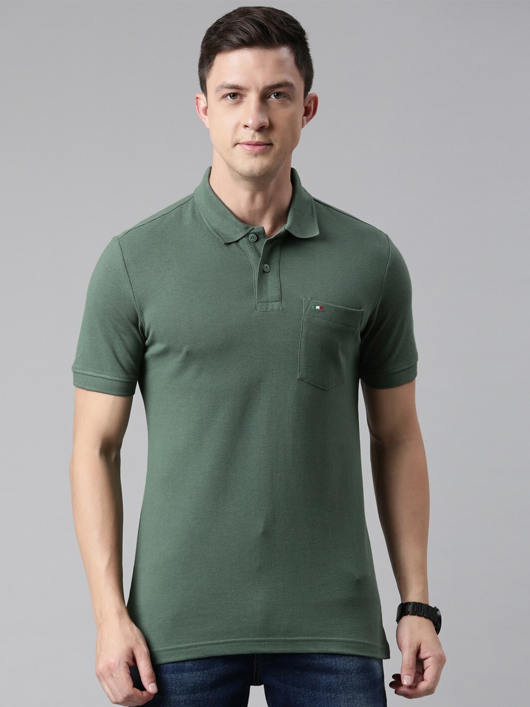 

FASO Men Olive Green Polo Collar T-shirt