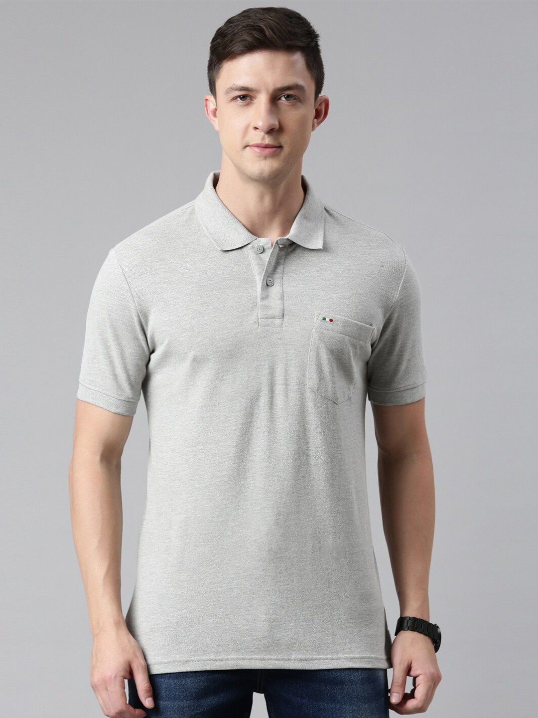 

FASO Men Grey Melange Polo Collar Pocket T-shirt
