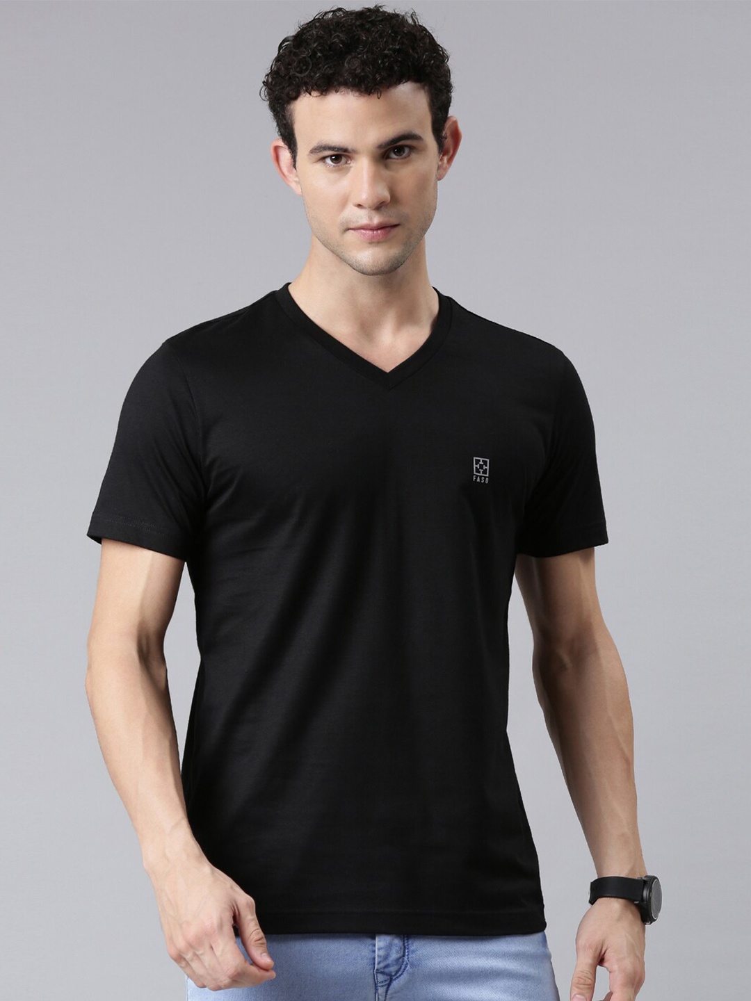 

FASO Men Black V-Neck Pure Cotton T-shirt