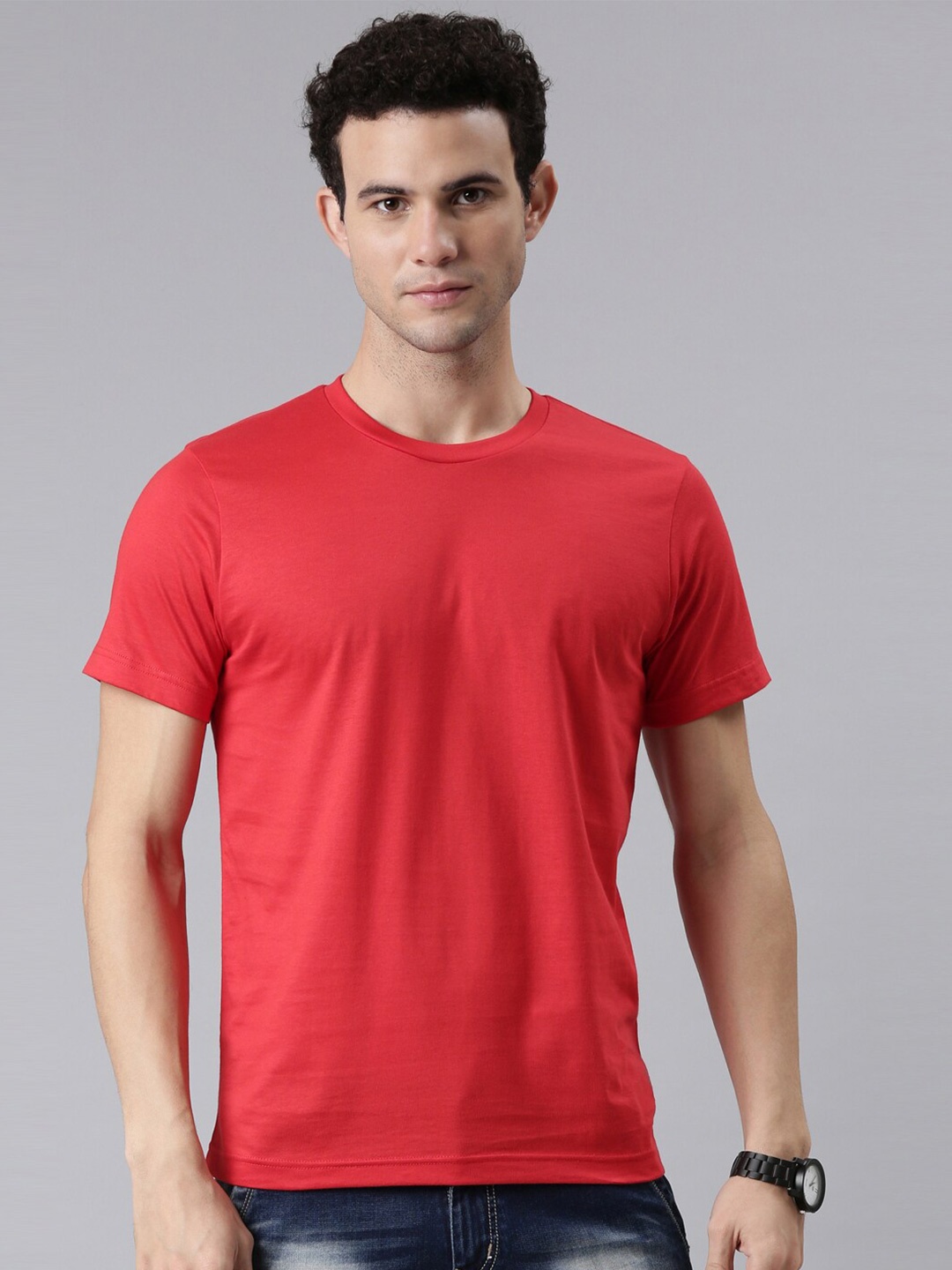

FASO Men Red Solid Pure Cotton T-shirt