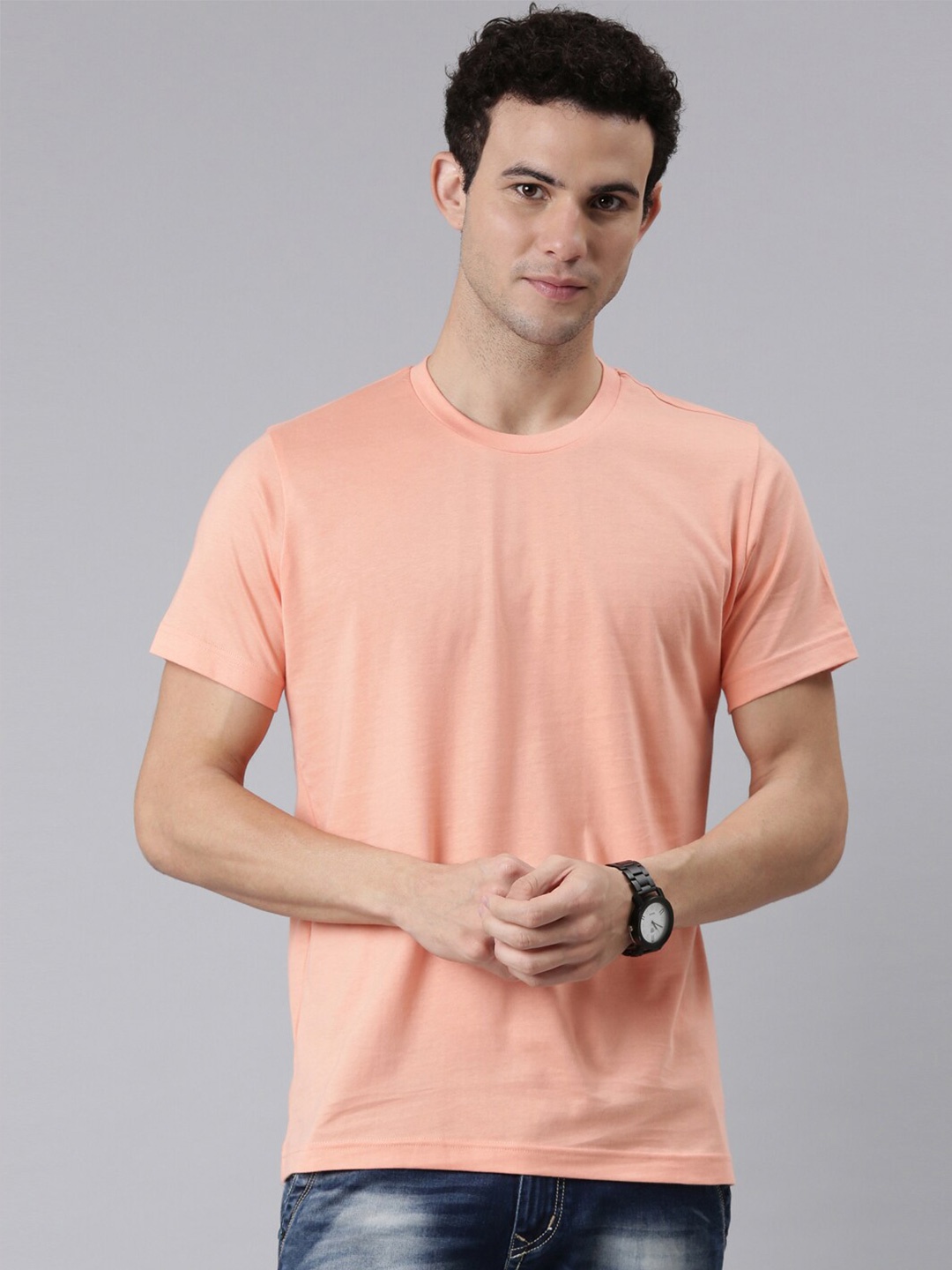 

FASO Men Peach-Coloured Solid Organic Round Organic Cotton T-shirt