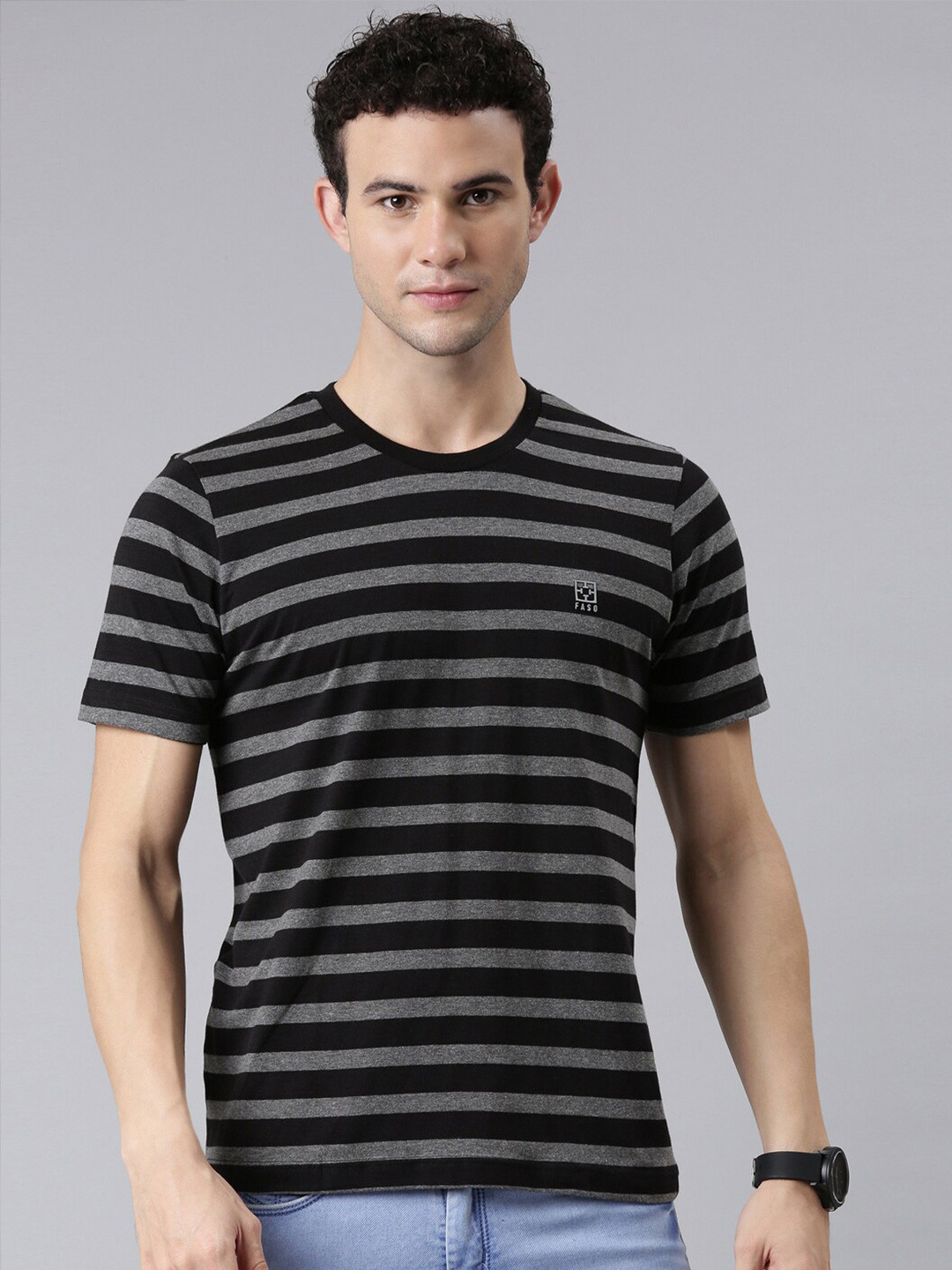 

FASO Men Black & Grey Striped Pure Cotton T-shirt