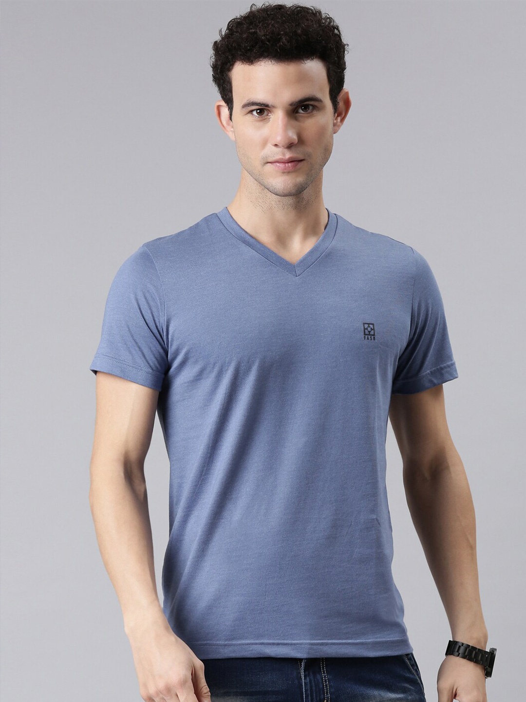 

FASO Men Blue Solid V-Neck Pure Cotton T-shirt