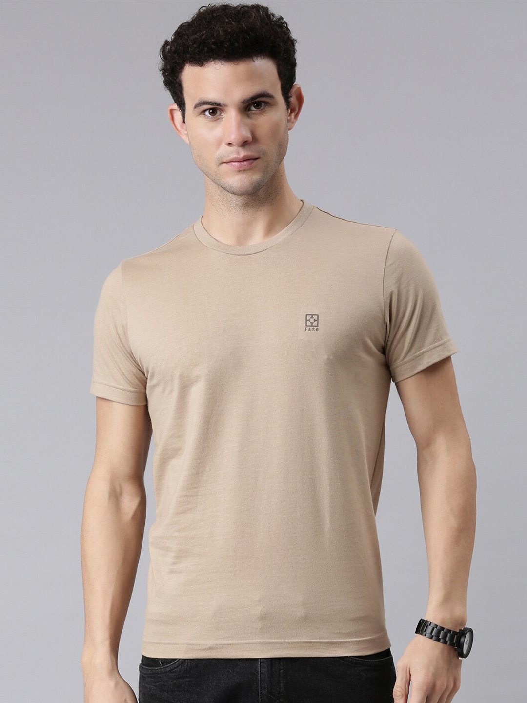 

FASO Men Beige Organic Round Neck Cotton T-shirt