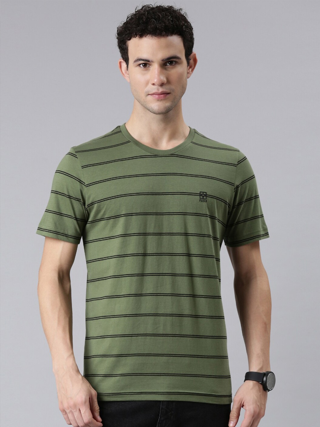 

FASO Men Olive Green Striped Round Neck Pure Cotton T-shirt