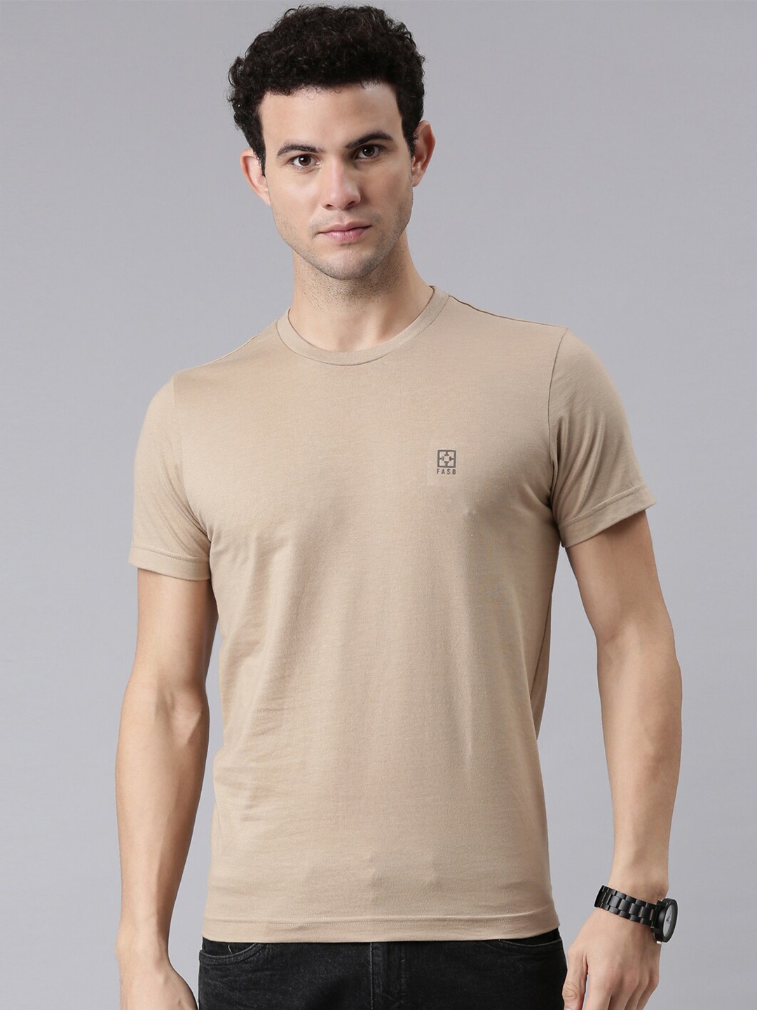 

FASO Men Beige Round Neck Organic Cotton T-shirt