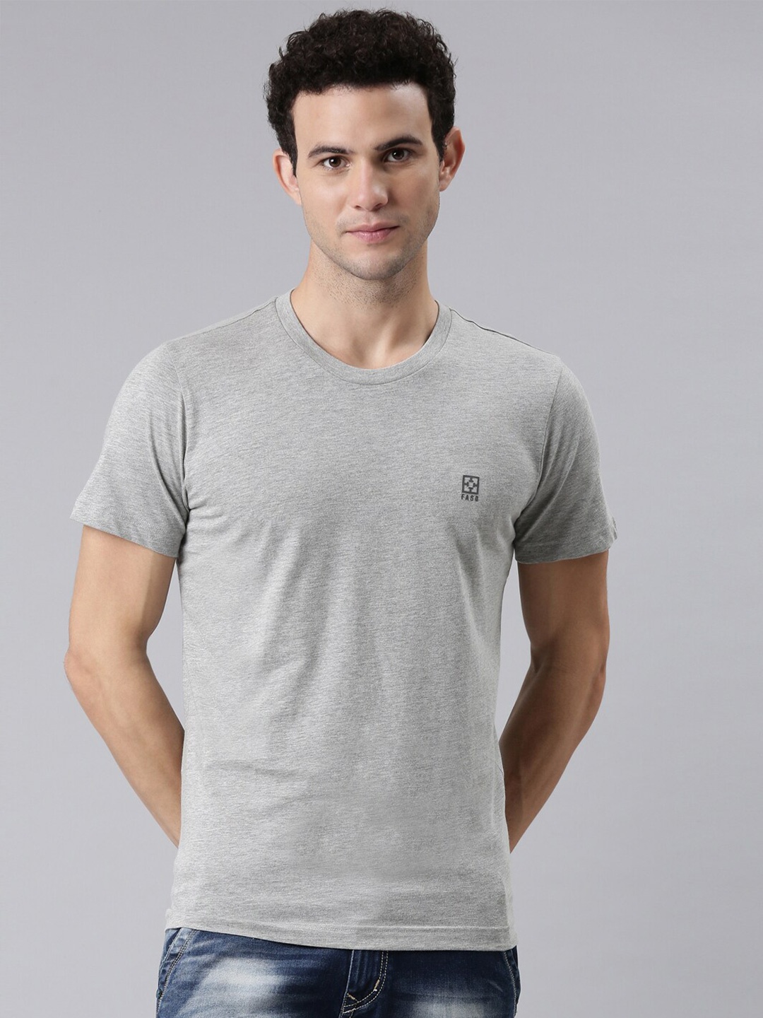 

FASO Men Grey Melange Regular Neck Organic Cotton T-shirt