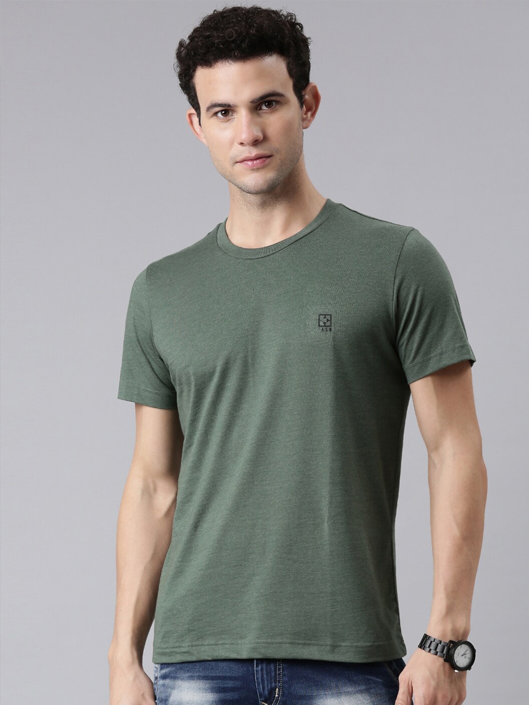 

FASO Men Olive Green Round Neck Organic Cotton T-shirt