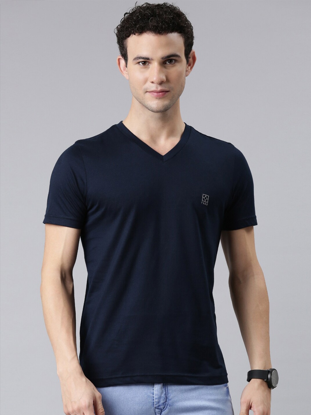 

FASO Men Navy Blue V-Neck Pure Cotton T-shirt