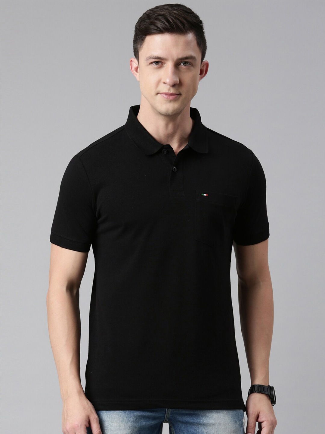 

FASO Men Black Solid Polo Collar T-shirt