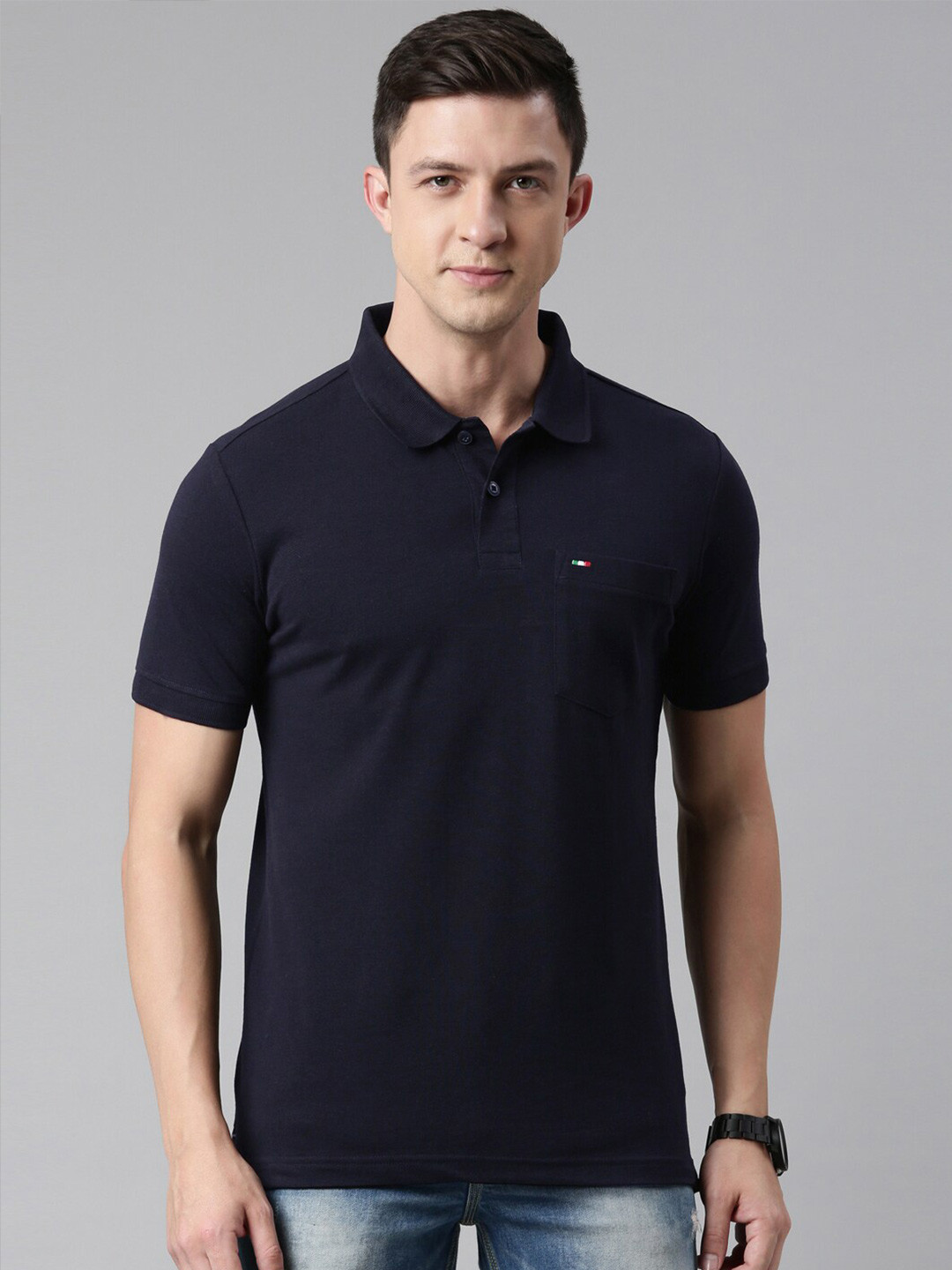 

FASO Men Navy Blue Solid Polo Collar T-shirt