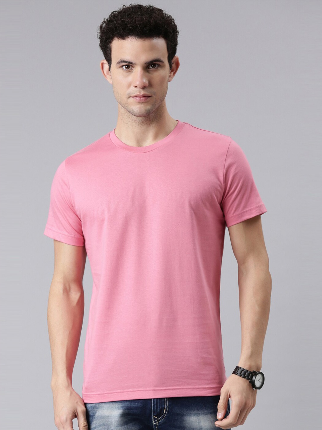 

FASO Men Rose Solid Round Neck Pure Cotton T-shirt