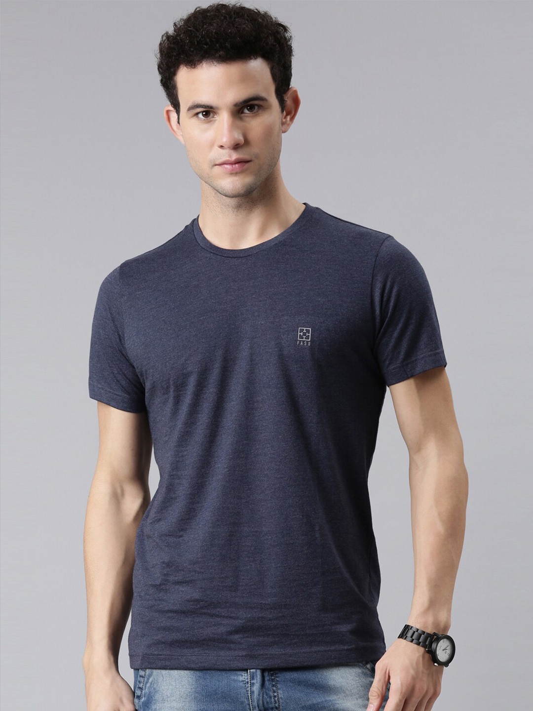 

FASO Men Navy Blue Solid Round Neck Organic Cotton T-shirt