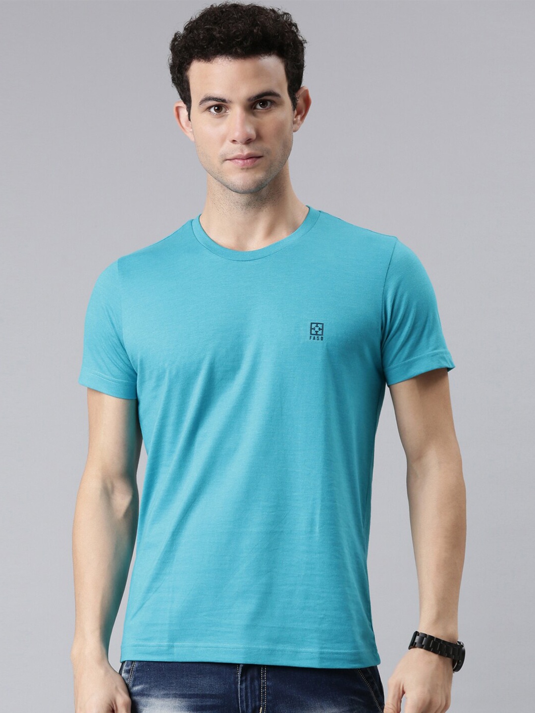 

FASO Men Turquoise Blue Solid Round Neck Organic Cotton T-shirt