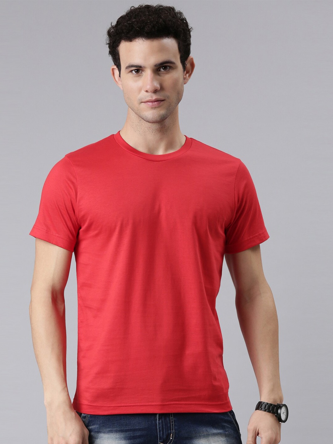 

FASO Men Red Solid Round Neck Organic Cotton T-shirt