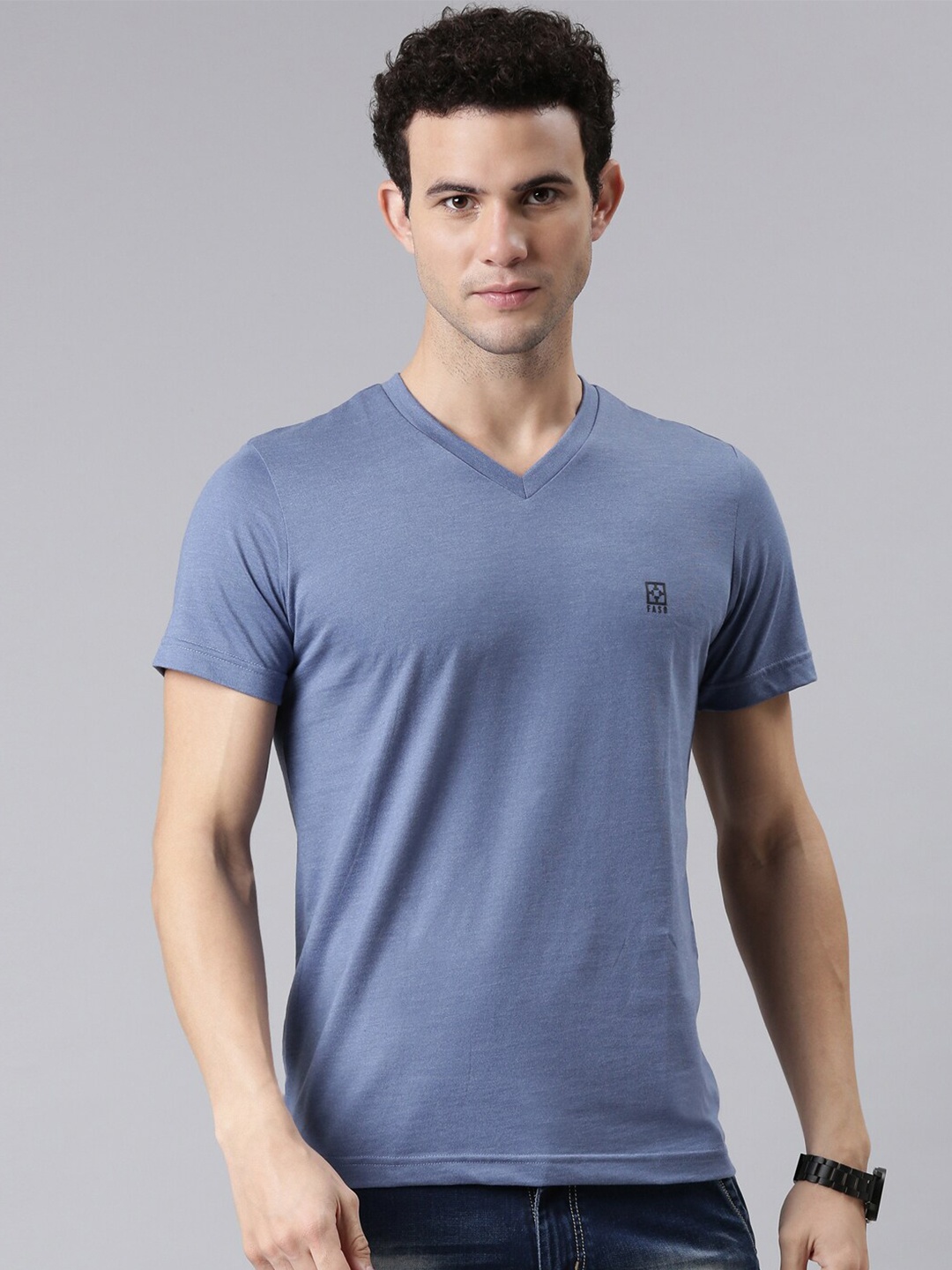 

FASO Men Blue V-Neck Organic Cotton T-shirt
