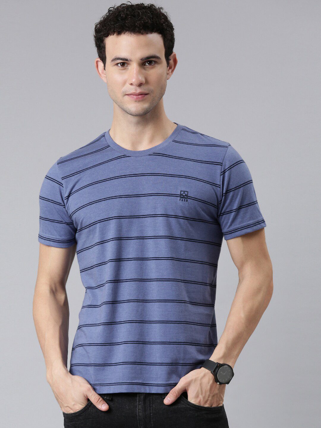 

FASO Men Blue & black Striped Round Neck Pure Cotton T-shirt
