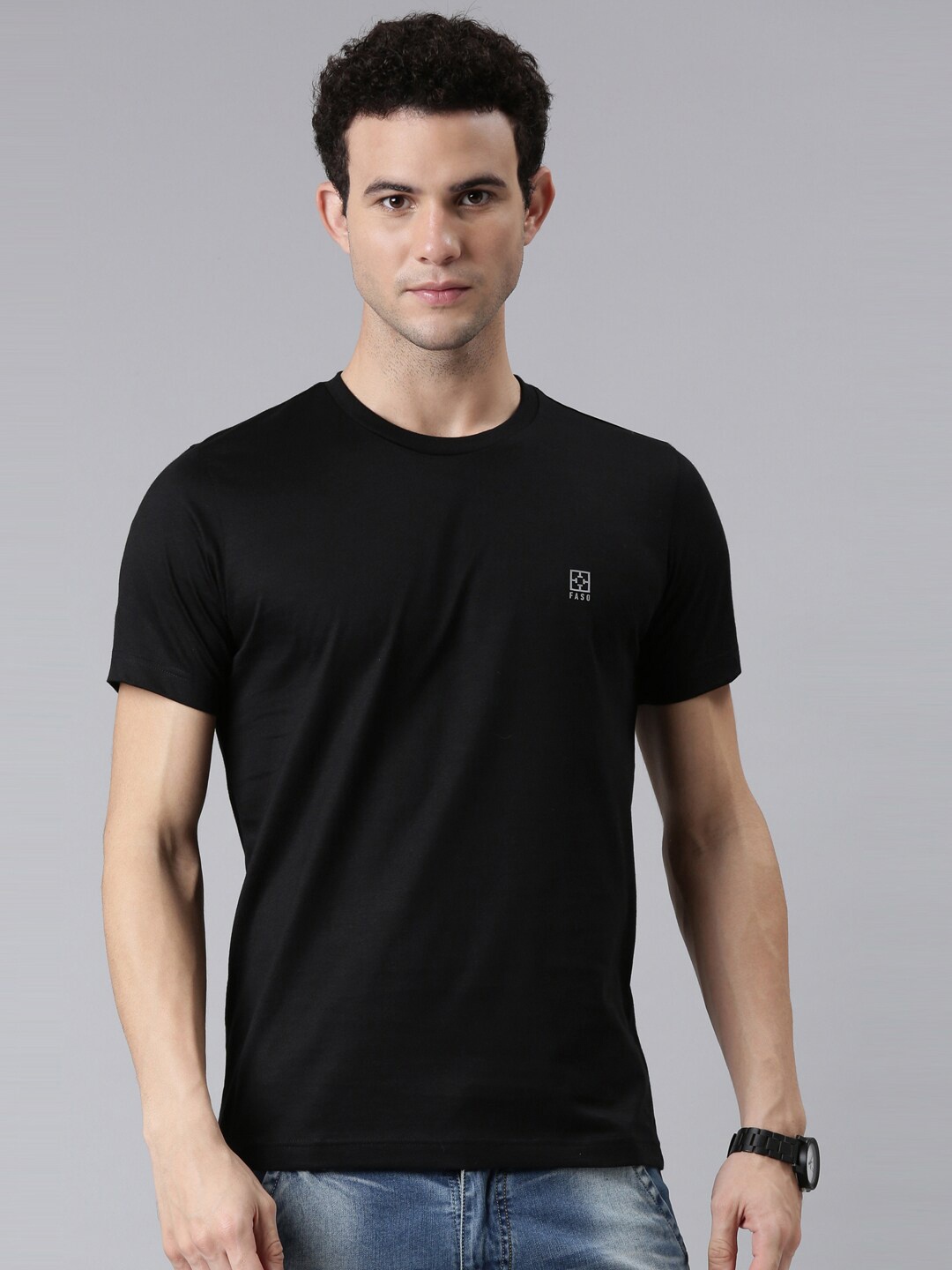 

FASO Men Black Solid Round Neck Pure Cotton T-shirt