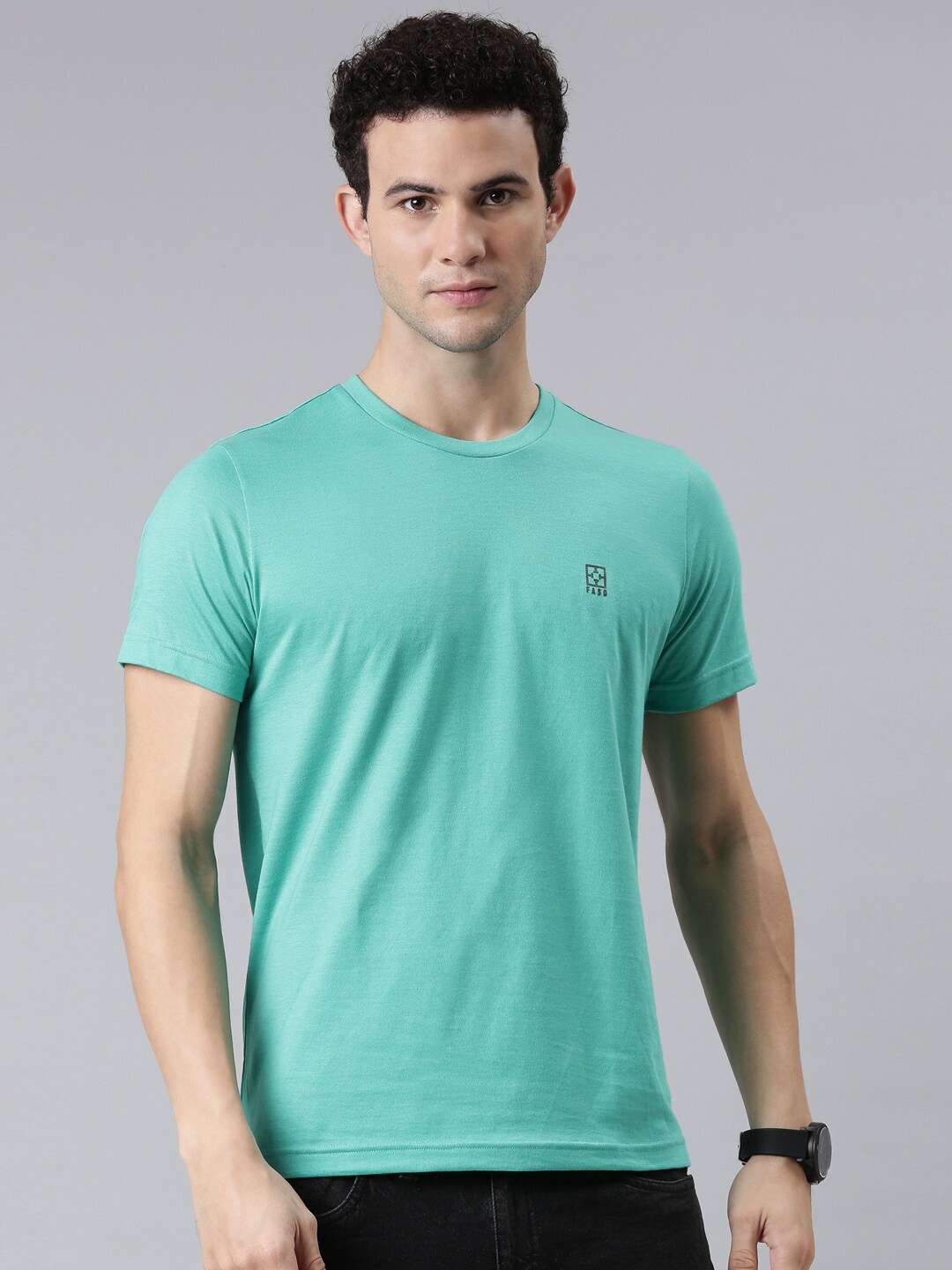 

FASO Men Green Solid Round Neck Pure Cotton T-shirt, Sea green