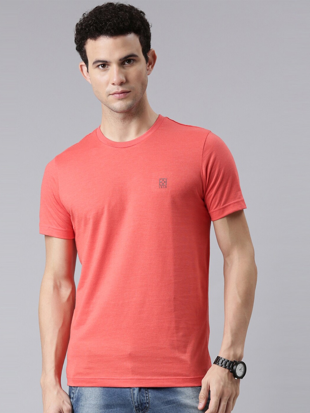 

FASO Men Coral Solid Round Neck Organic Cotton T-shirt