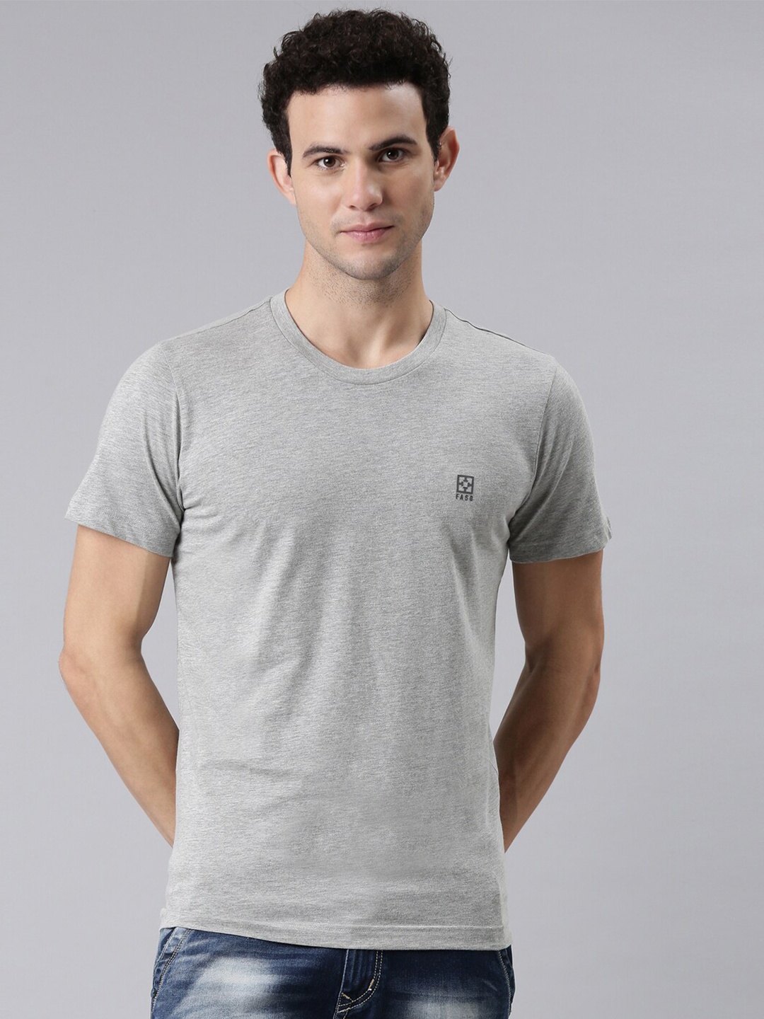 

FASO Men Grey Melange Solid Round Neck Pure Cotton T-shirt