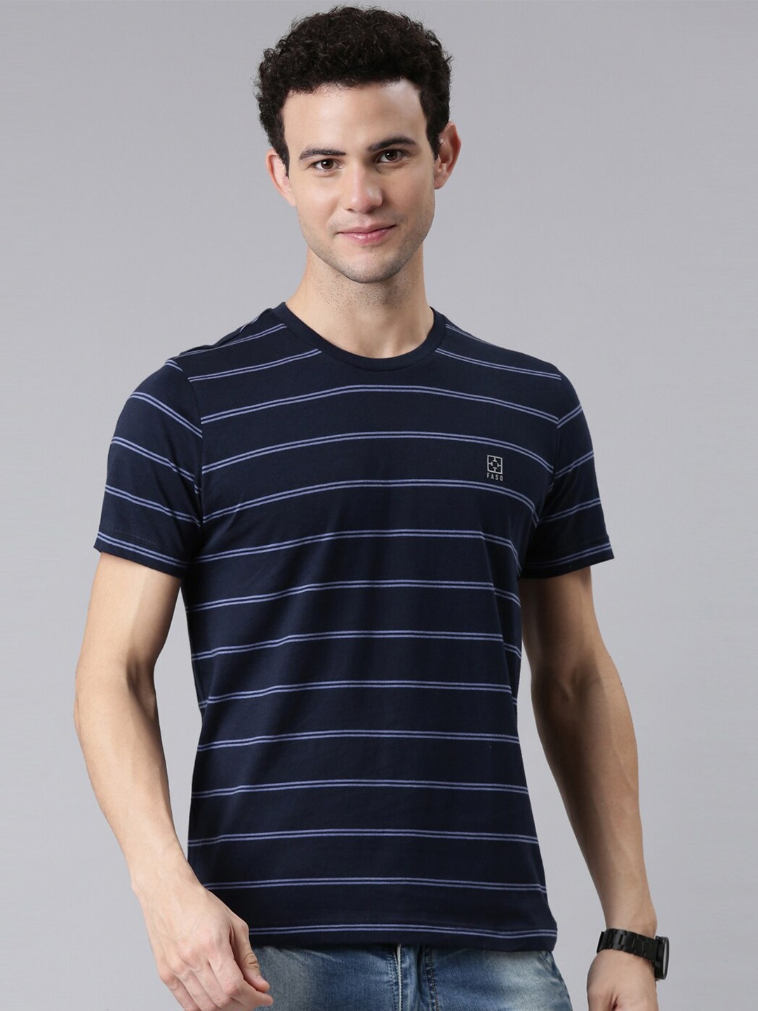 

FASO Men Navy Blue & Blue Striped Pure Cotton T-shirt