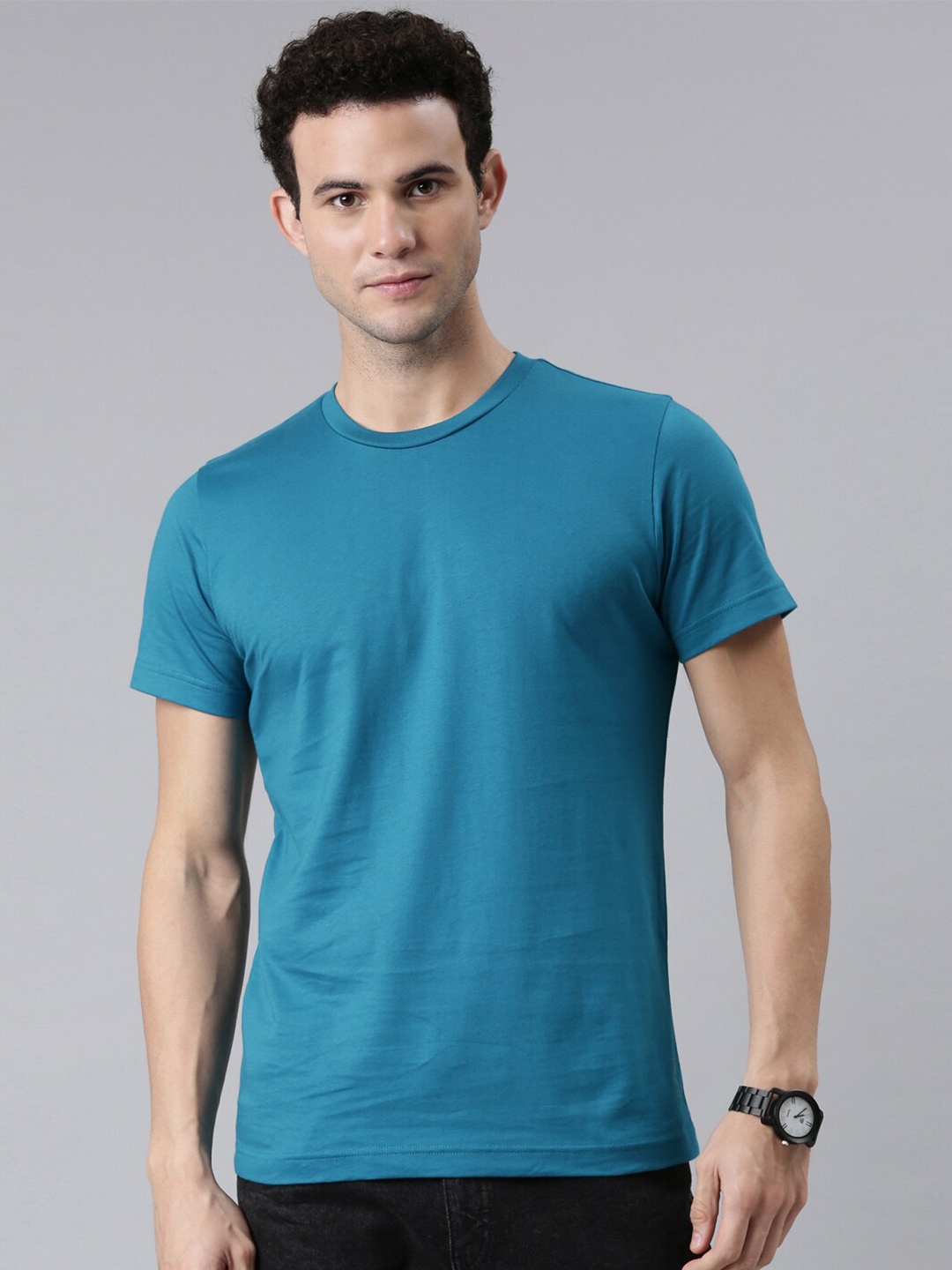 

FASO Men Teal Solid Round Neck Pure Organic Cotton T-shirt