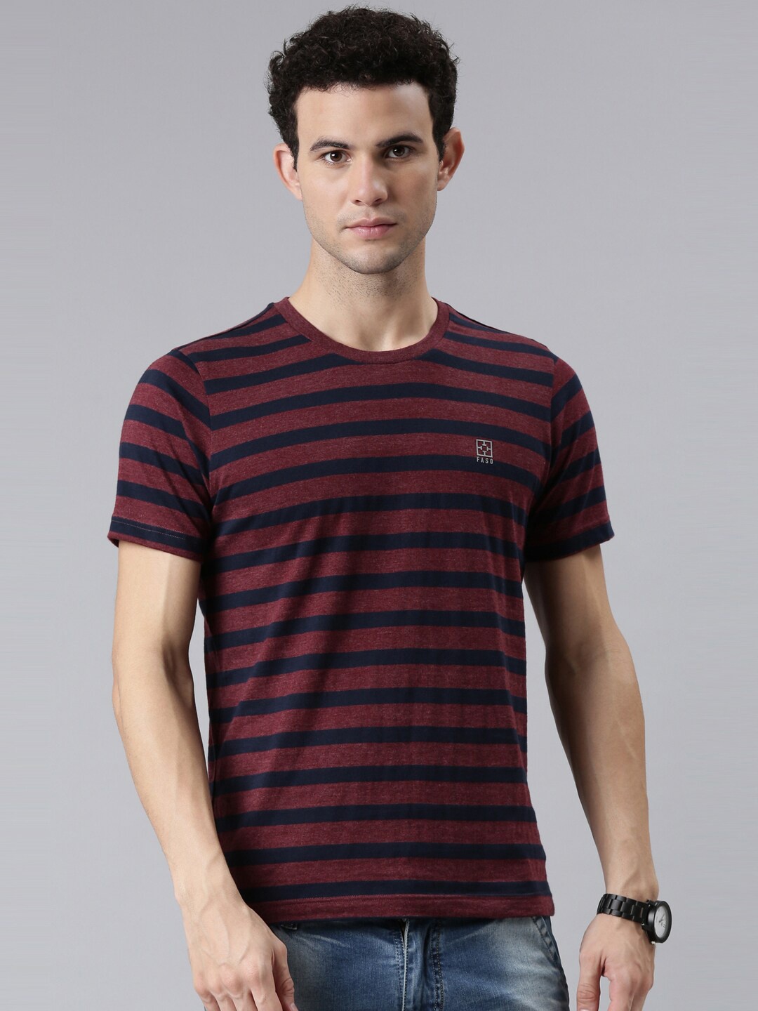 

FASO Men Maroon & Black Striped Pure Cotton T-shirt