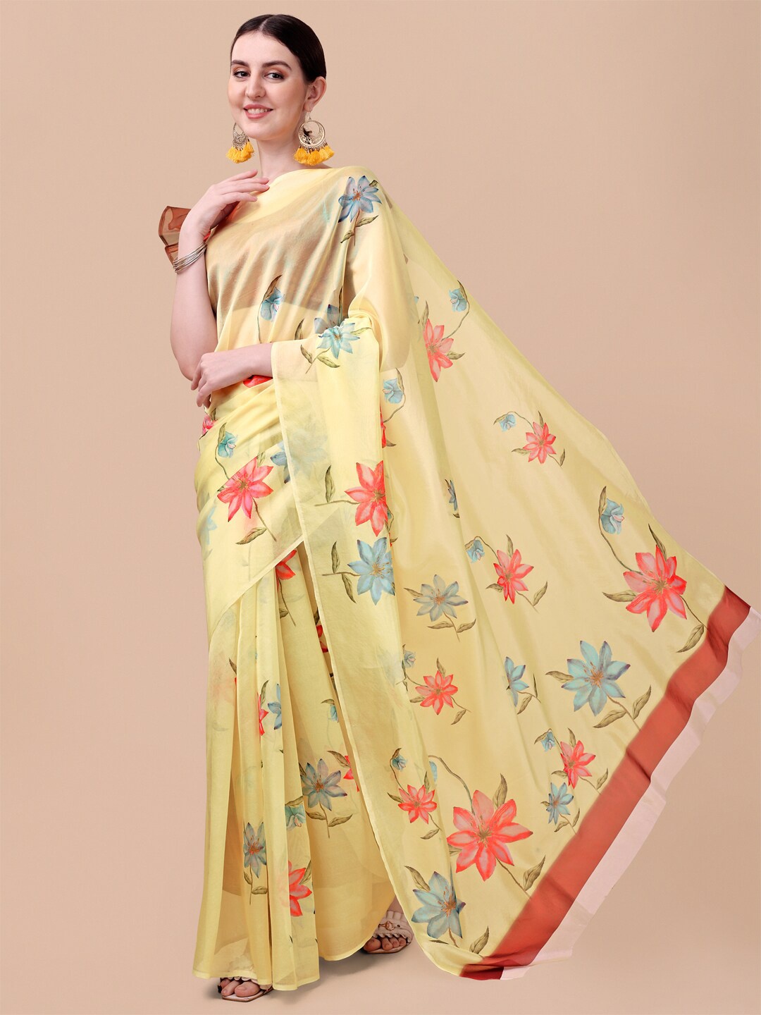 

Sangria Yellow & Red Floral Organza Saree
