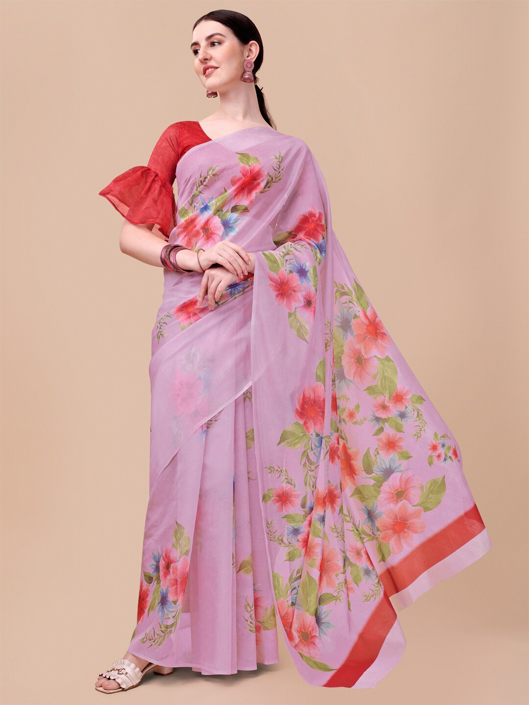 

Sangria Pink Floral Printed Organza Saree