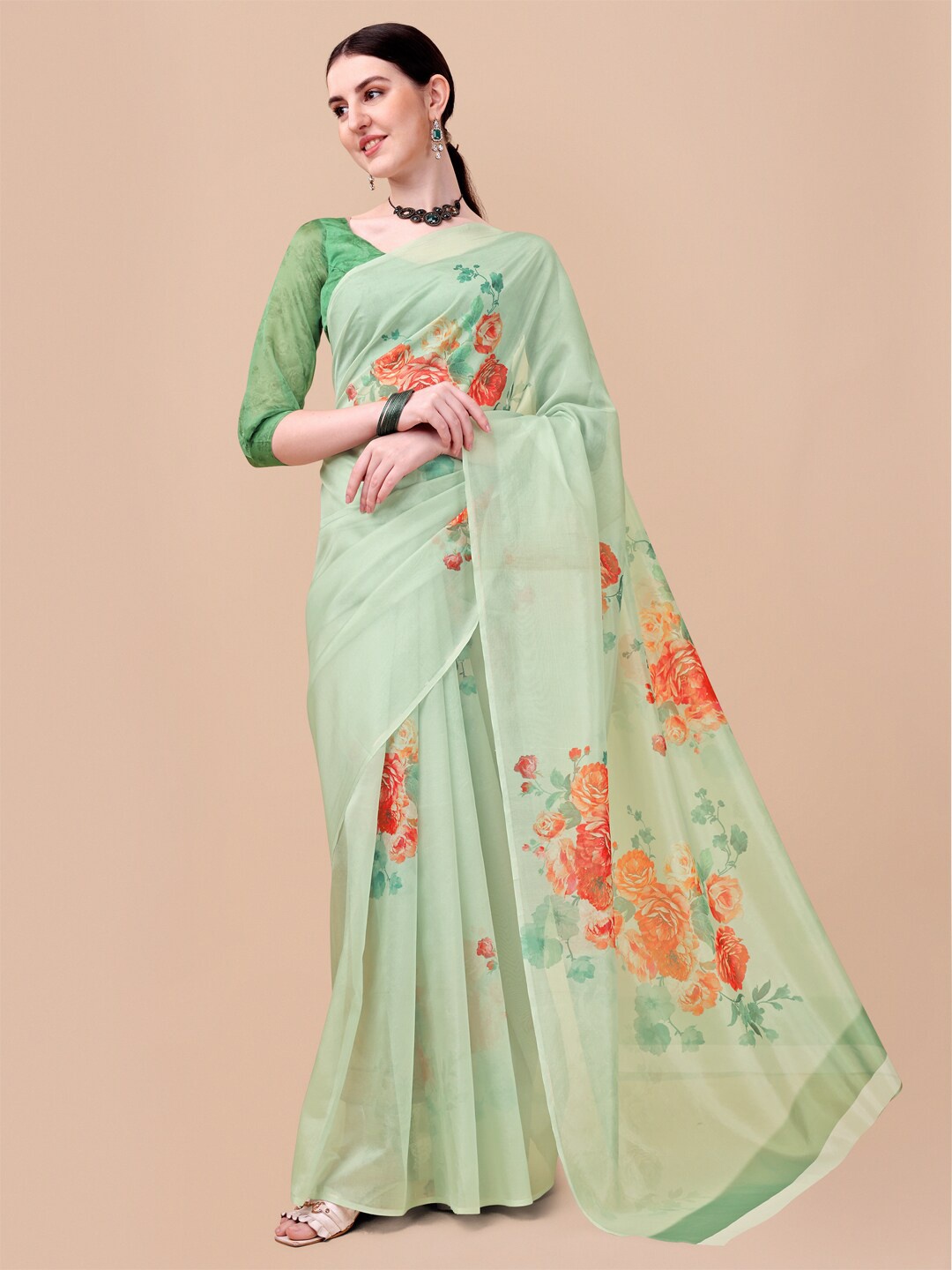 

Sangria Green & Orange Floral Organza Saree