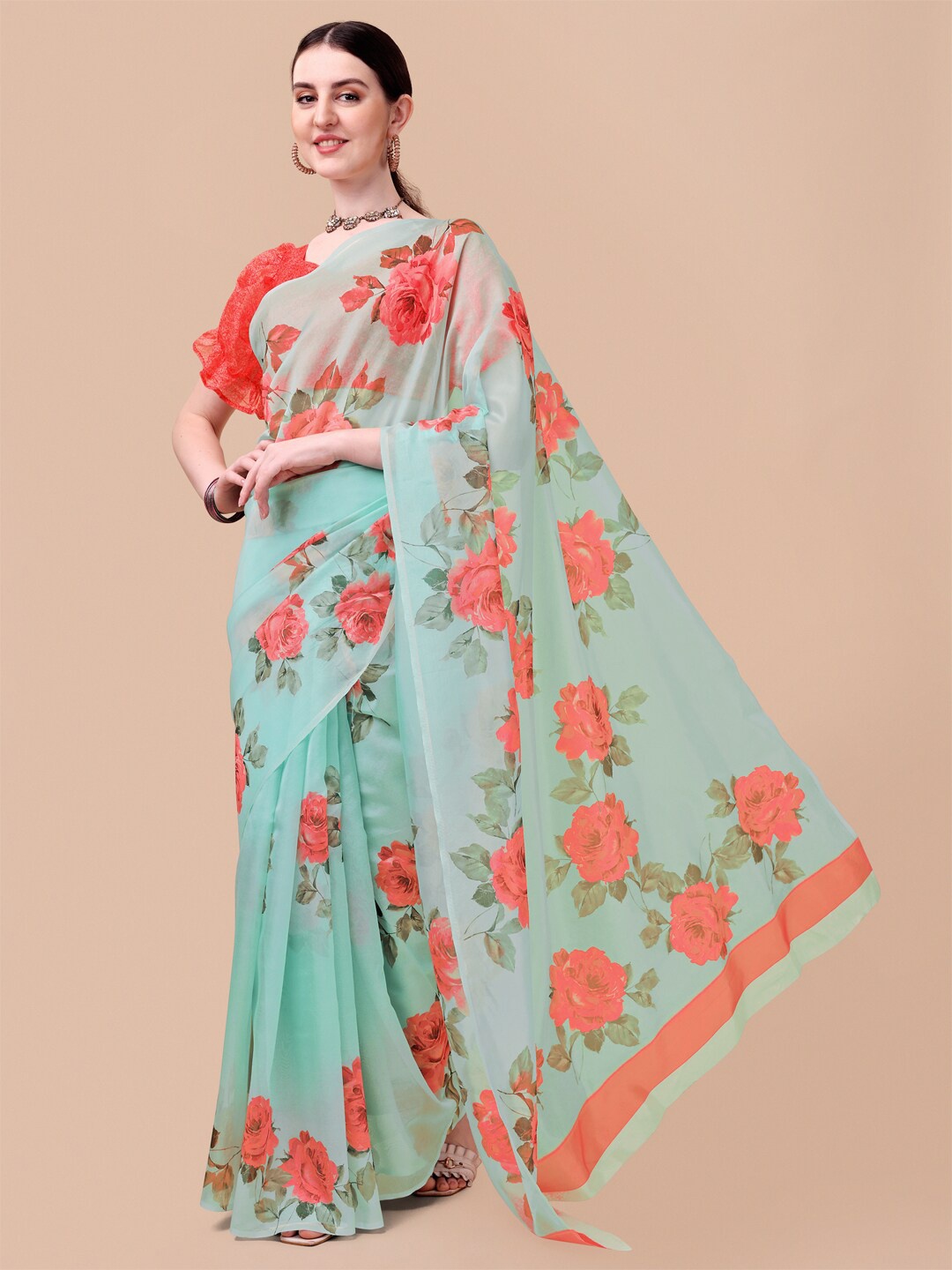 

Sangria Green & Red Floral Organza Saree