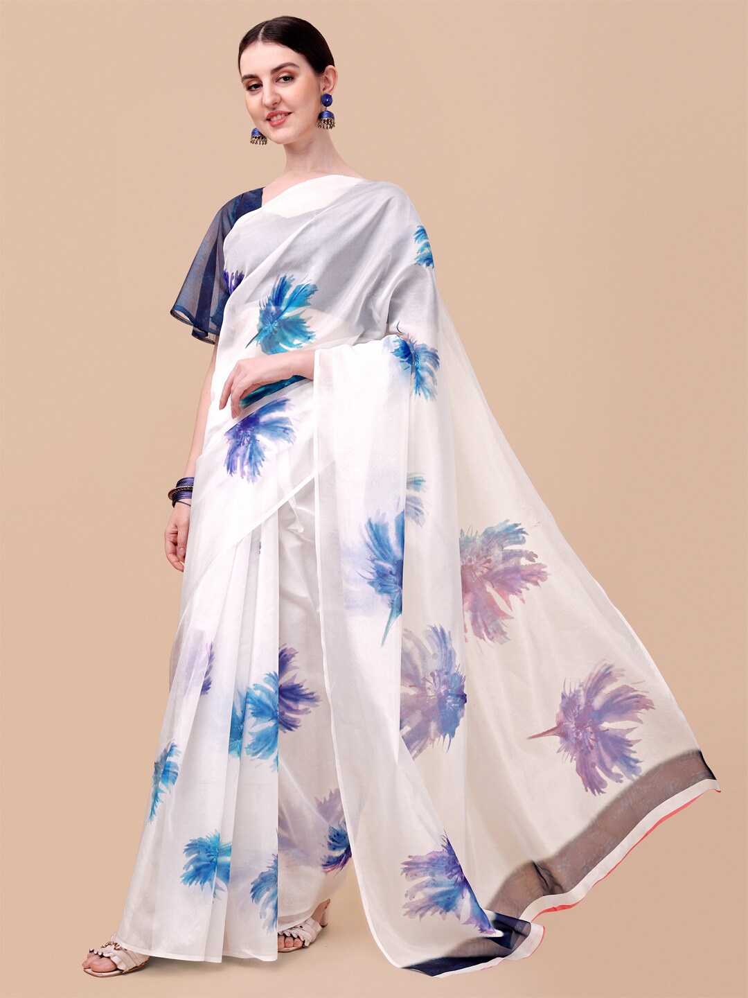 

Sangria White & Blue Floral Organza Saree