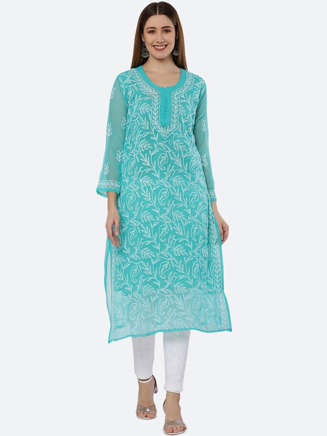 

FAWOMENT Women Blue Ethnic Motifs Printed Chikankari Handloom Georgette Kurta