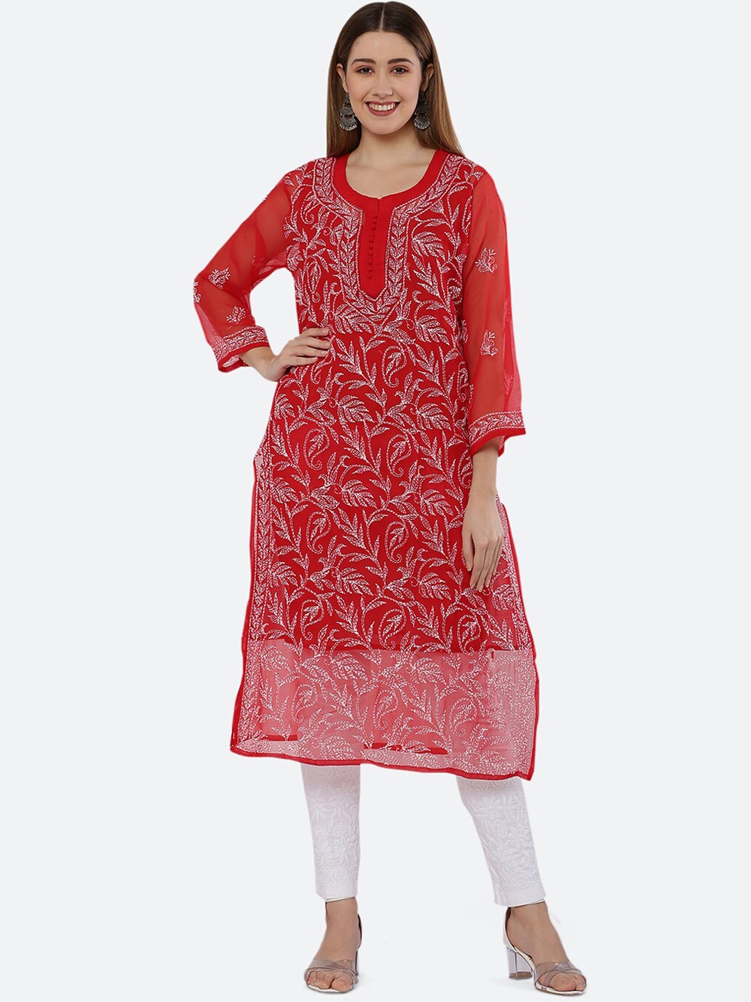 

FAWOMENT Ethnic Motifs Embroidered Chikankari Georgette Kurta, Red