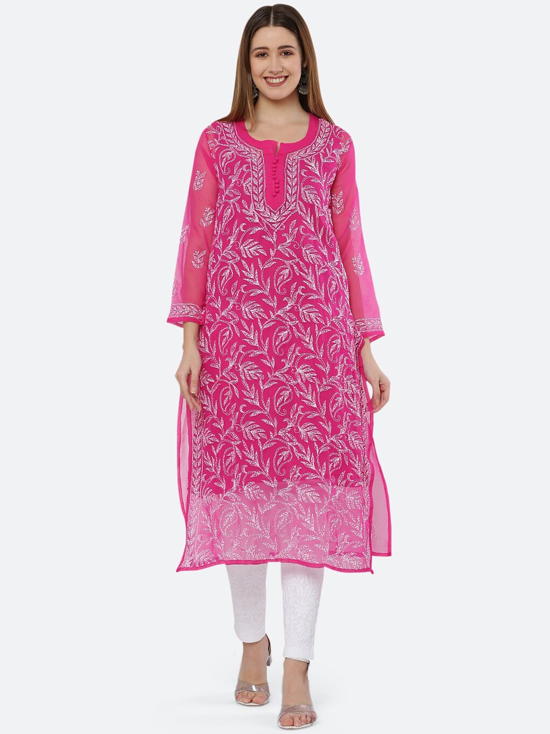 

FAWOMENT Ethnic Motifs Embroidered Chikankari Georgette Kurta, Pink