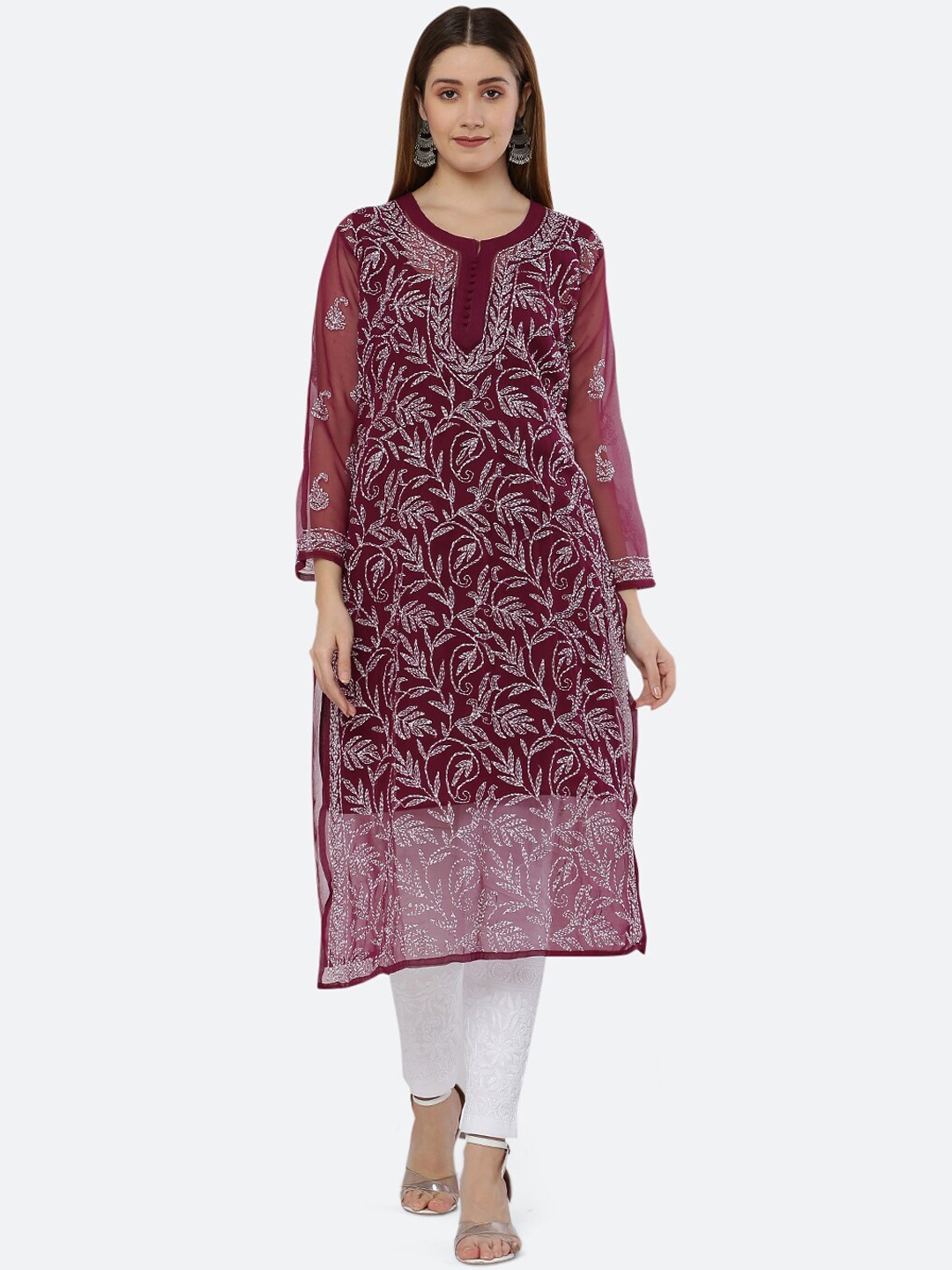 

FAWOMENT Paisley Embroidered Chikankari Georgette Kurta, Maroon