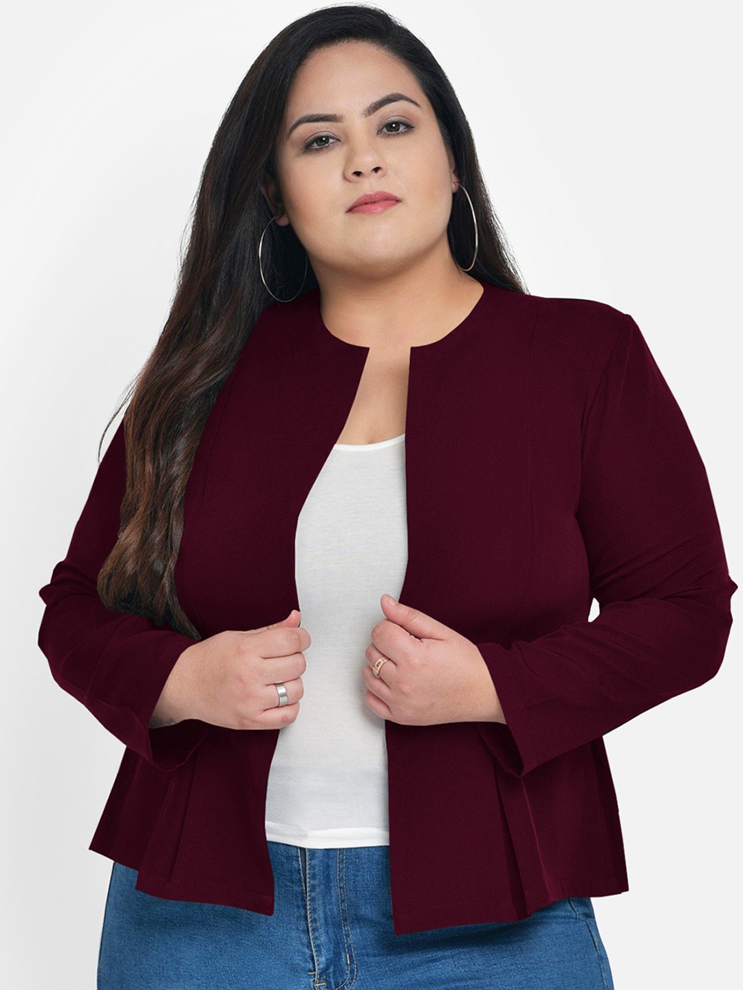 

wild U Women Burgundy Solid Banana Crepe Plus Size Blazers