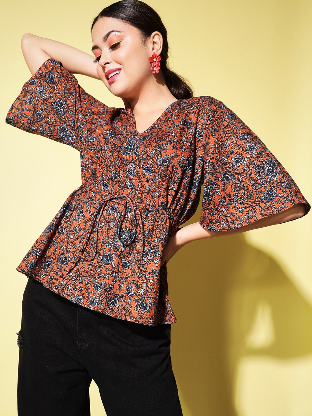 

Trend Arrest Women Orange & Blue Floral Print Top