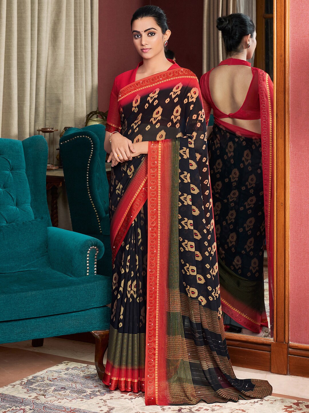 

Saree mall Black & Gold-Toned Bagh Silk Blend Bagh Sarees