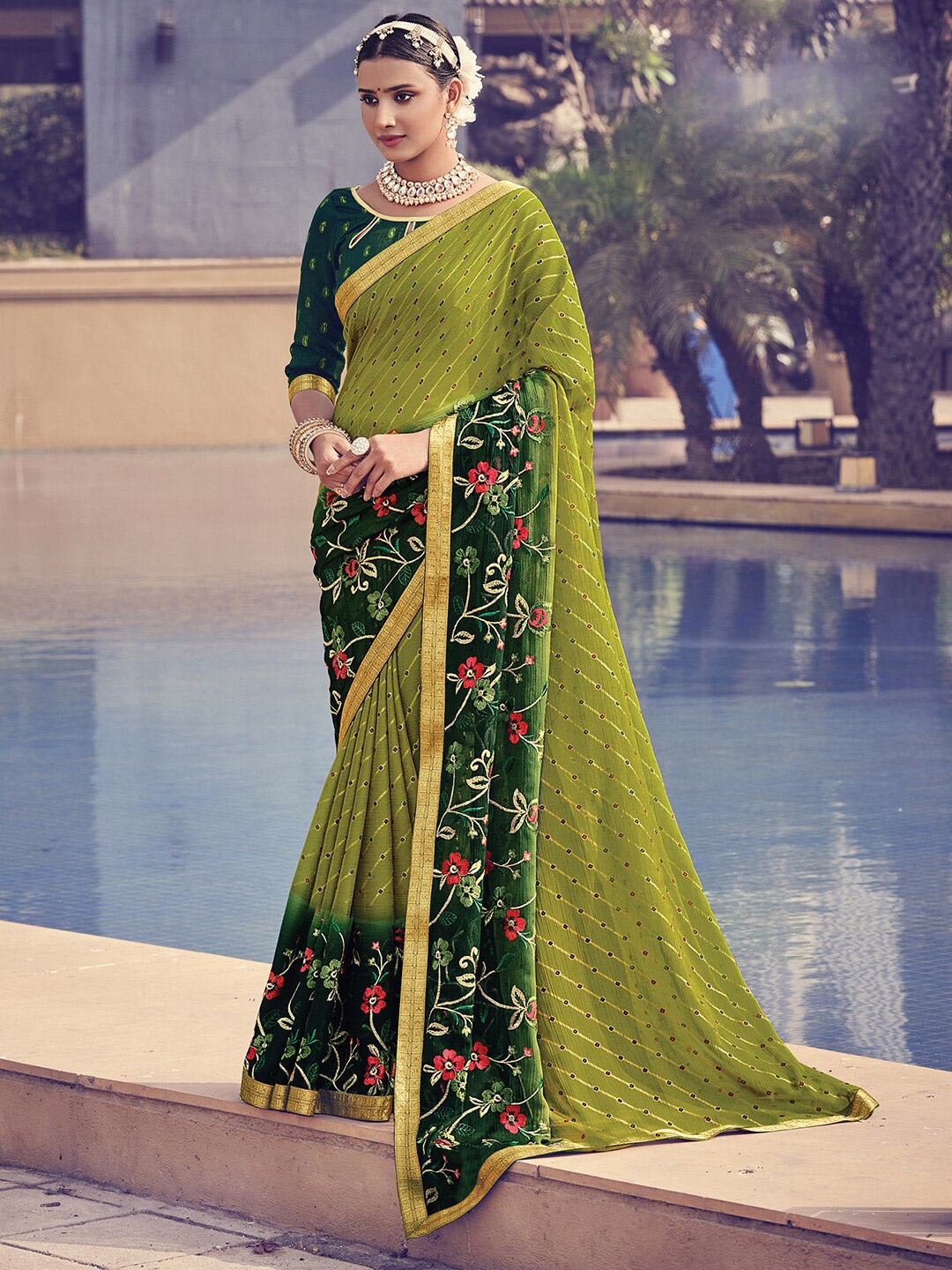 

Saree mall Olive Green & Red Floral Embroidered Pure Chiffon Banarasi Sarees