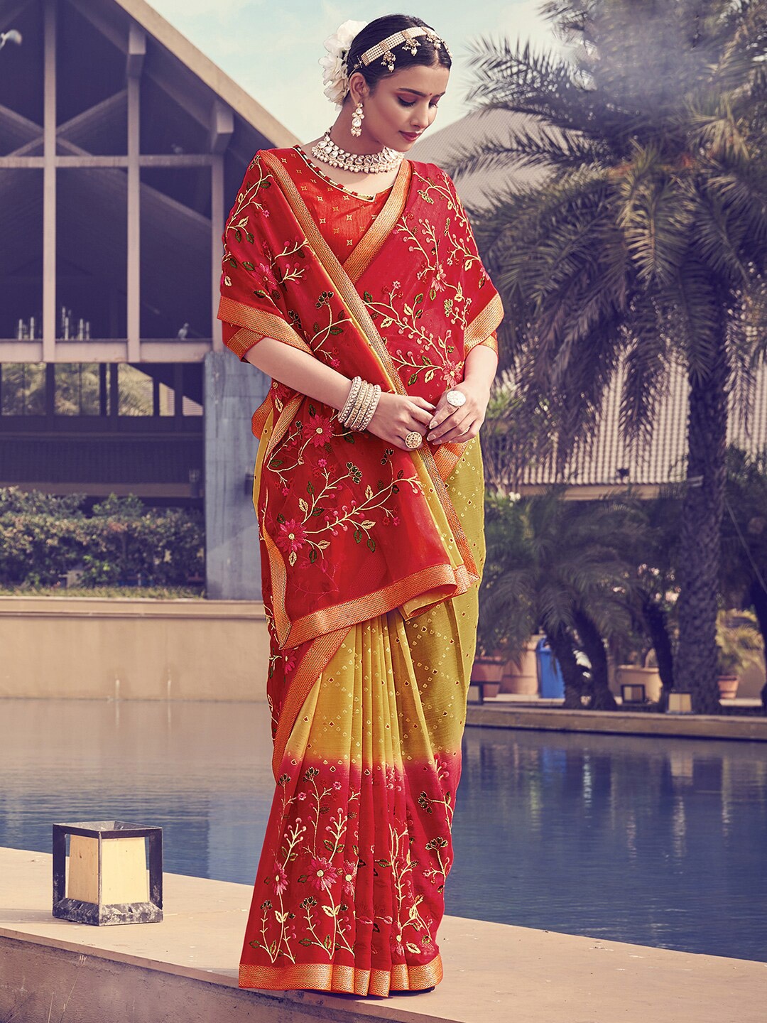 

Saree mall Red & Yellow Floral Embroidered Pure Chiffon Banarasi Sarees