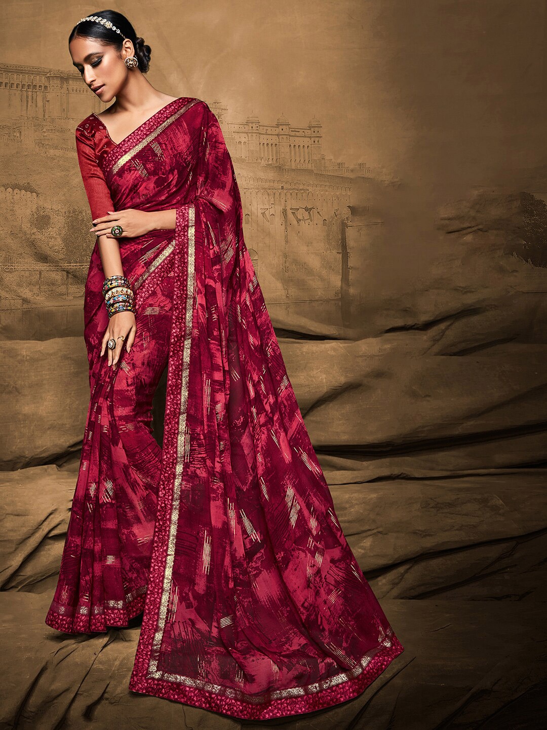 

Saree mall Pink & Gold-Toned Silk Blend Bagh Sarees