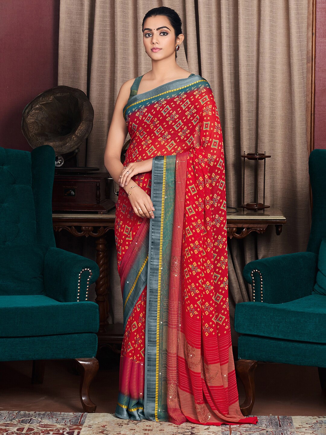 

Saree mall Red & Grey Bagh Silk Blend Bagh Sarees
