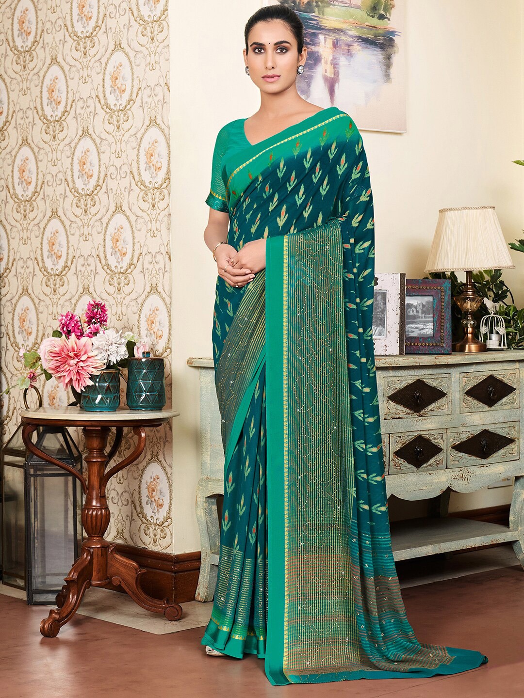 

Saree mall Teal & Yellow Bagh Silk Blend Bagh Sarees