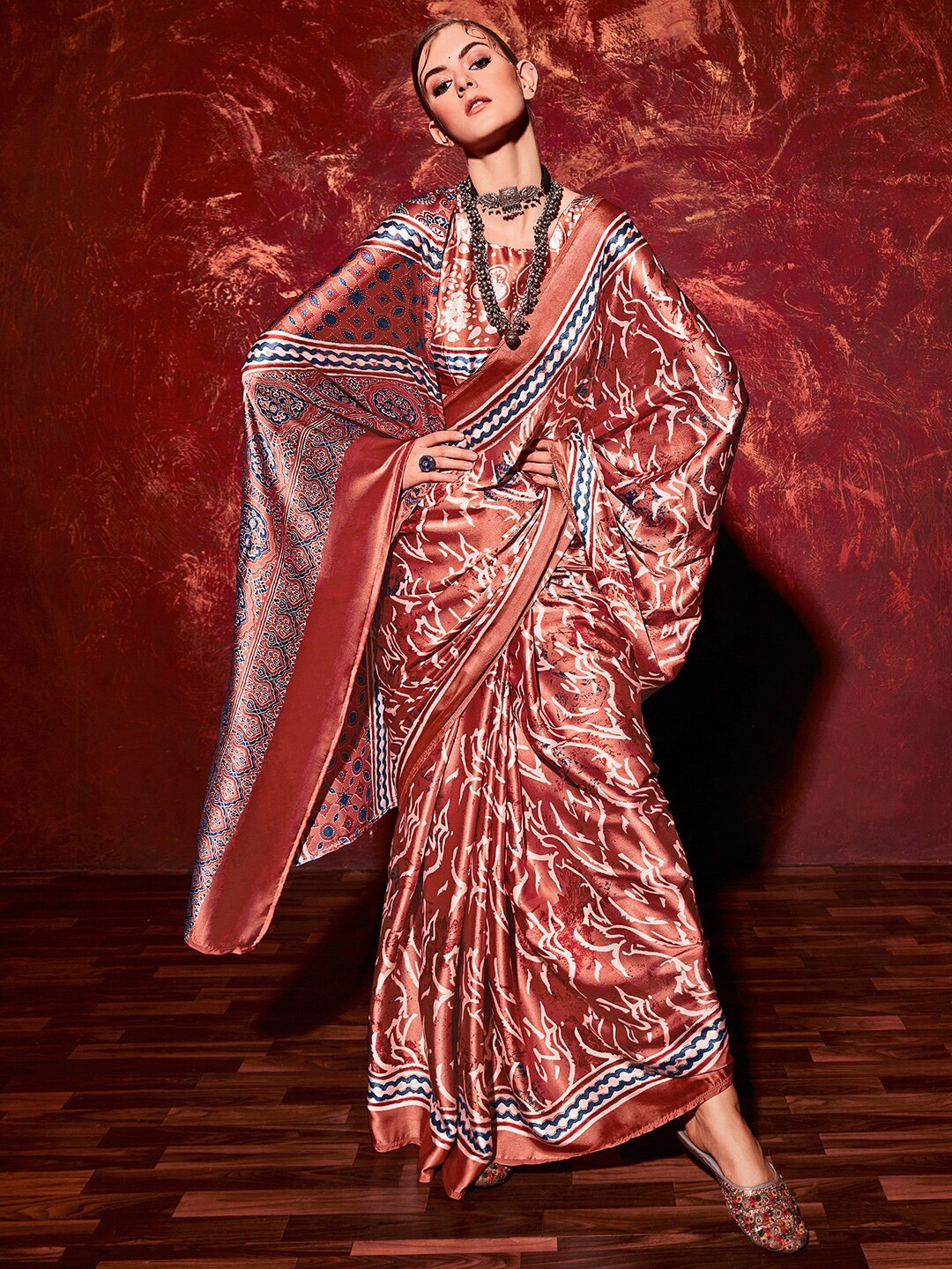 

Saree mall Brown & Off White Satin Block Print Sarees