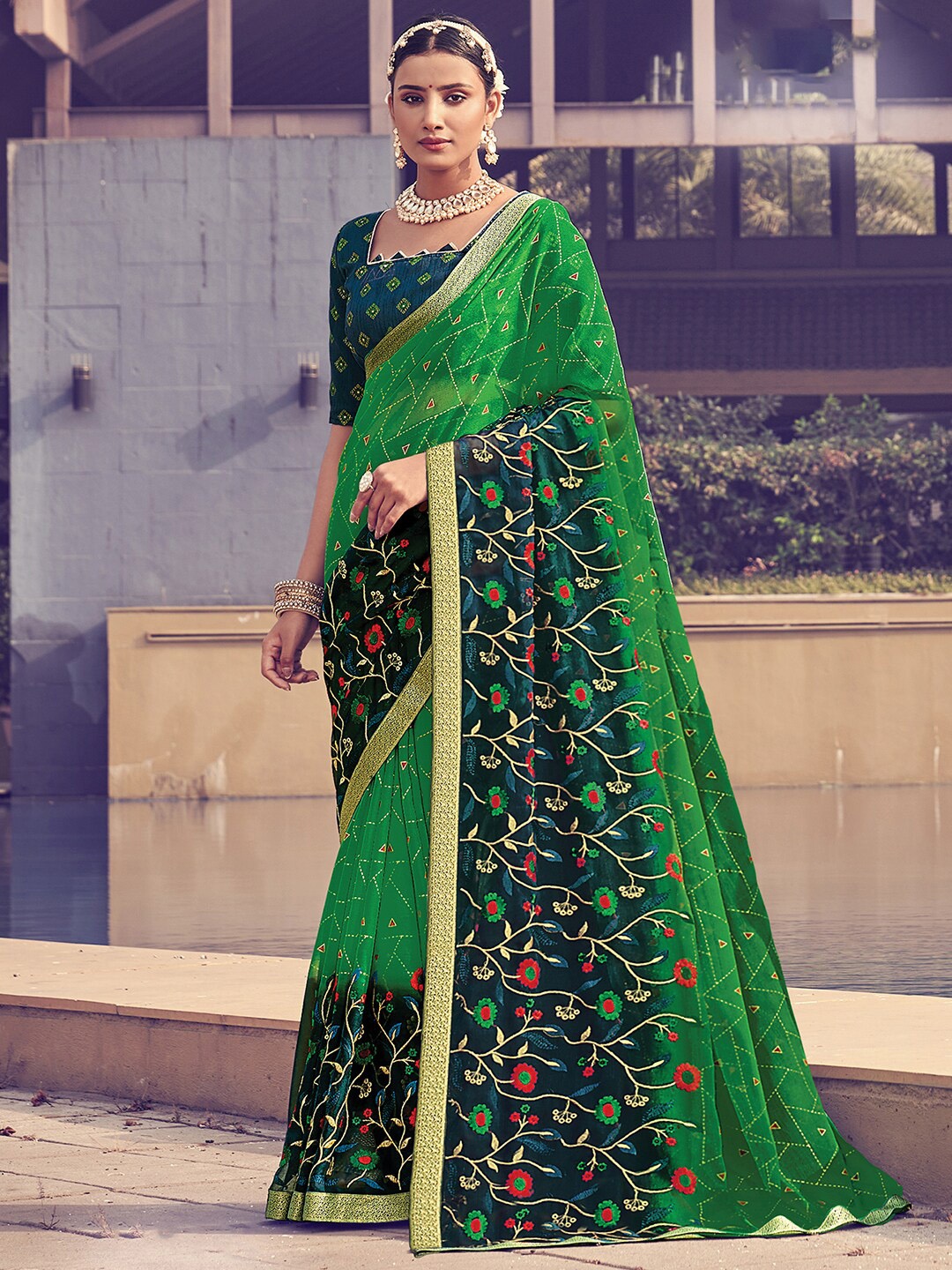 

Saree mall Green & Red Floral Pure Chiffon Banarasi Sarees