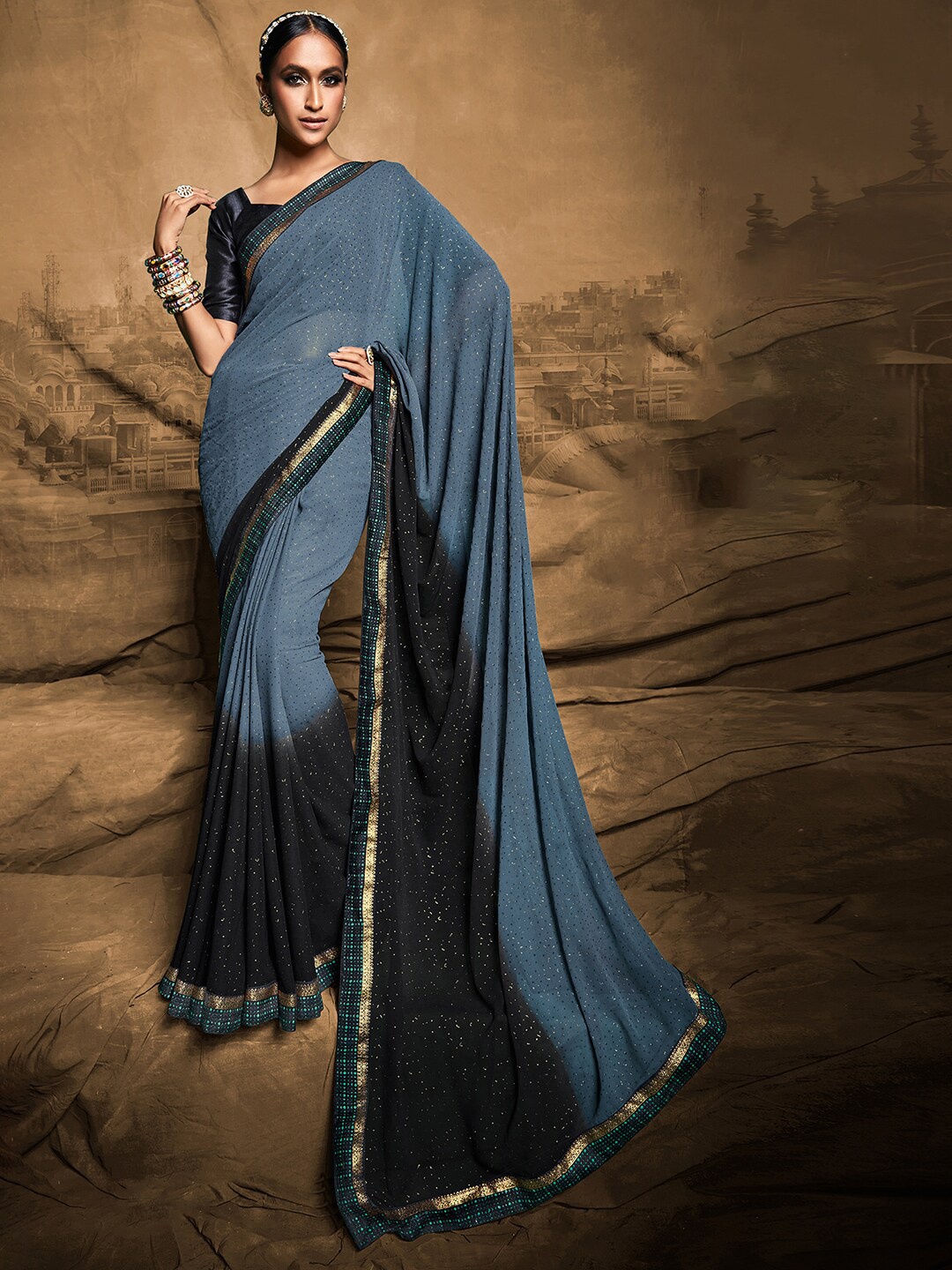 

Saree mall Grey & Black Silk Blend Bagh Sarees